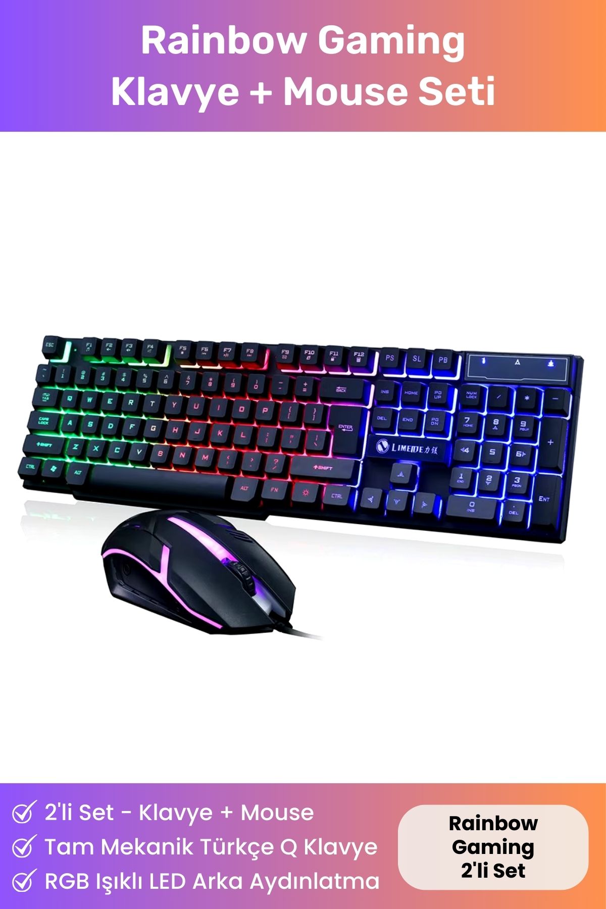 Rainbow Gaming Full Set RGB Işıklı Kablolu Oyuncular İçin Tam Mekanik Türkçe Q Klavye Mouse Seti