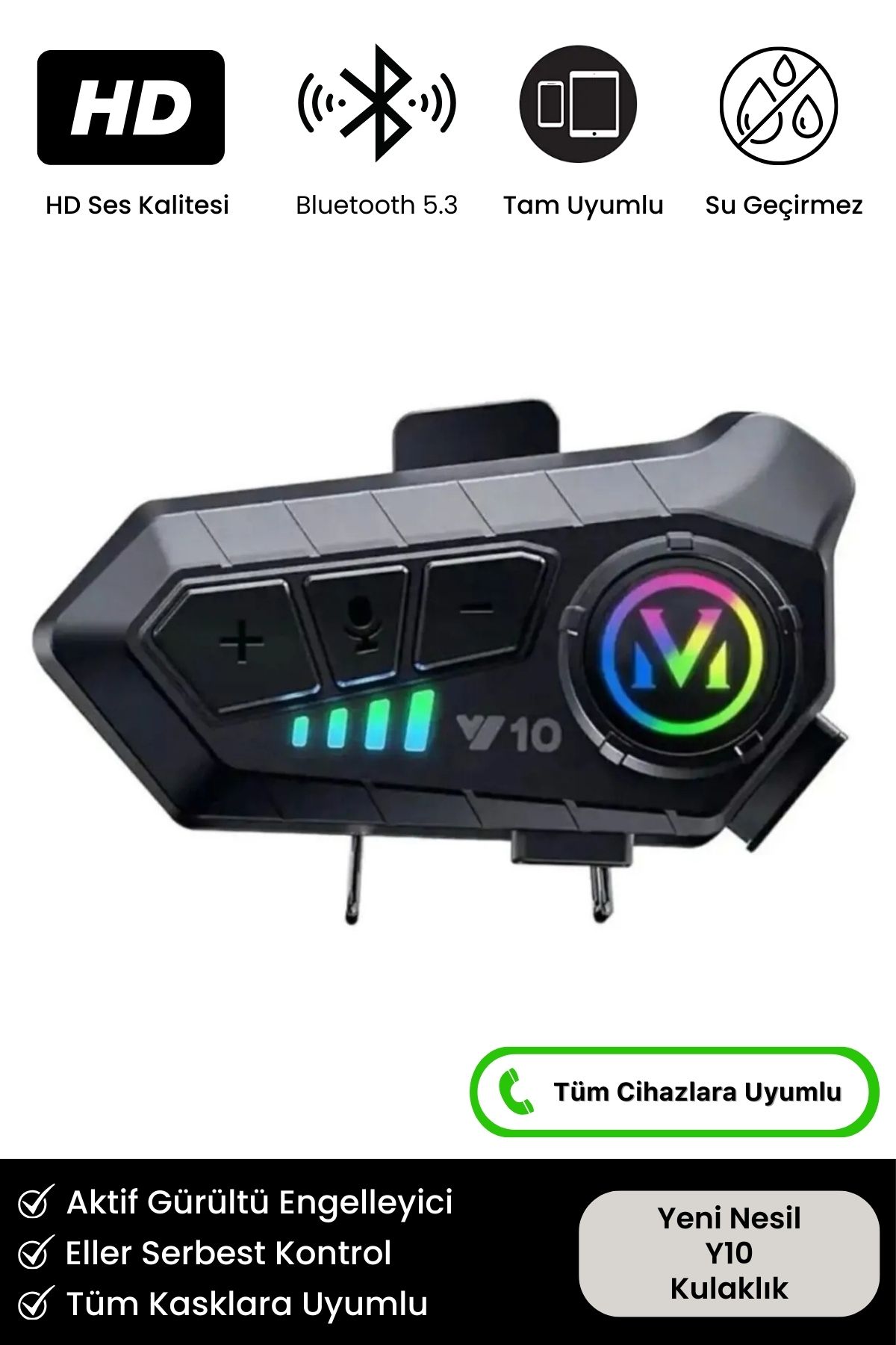 Yeni Nesil Motosiklet Kask Interkom Mikrofonlu Gürültü Engelleyici Işıklı 5.3 Y10 Bluetooth Kulaklık