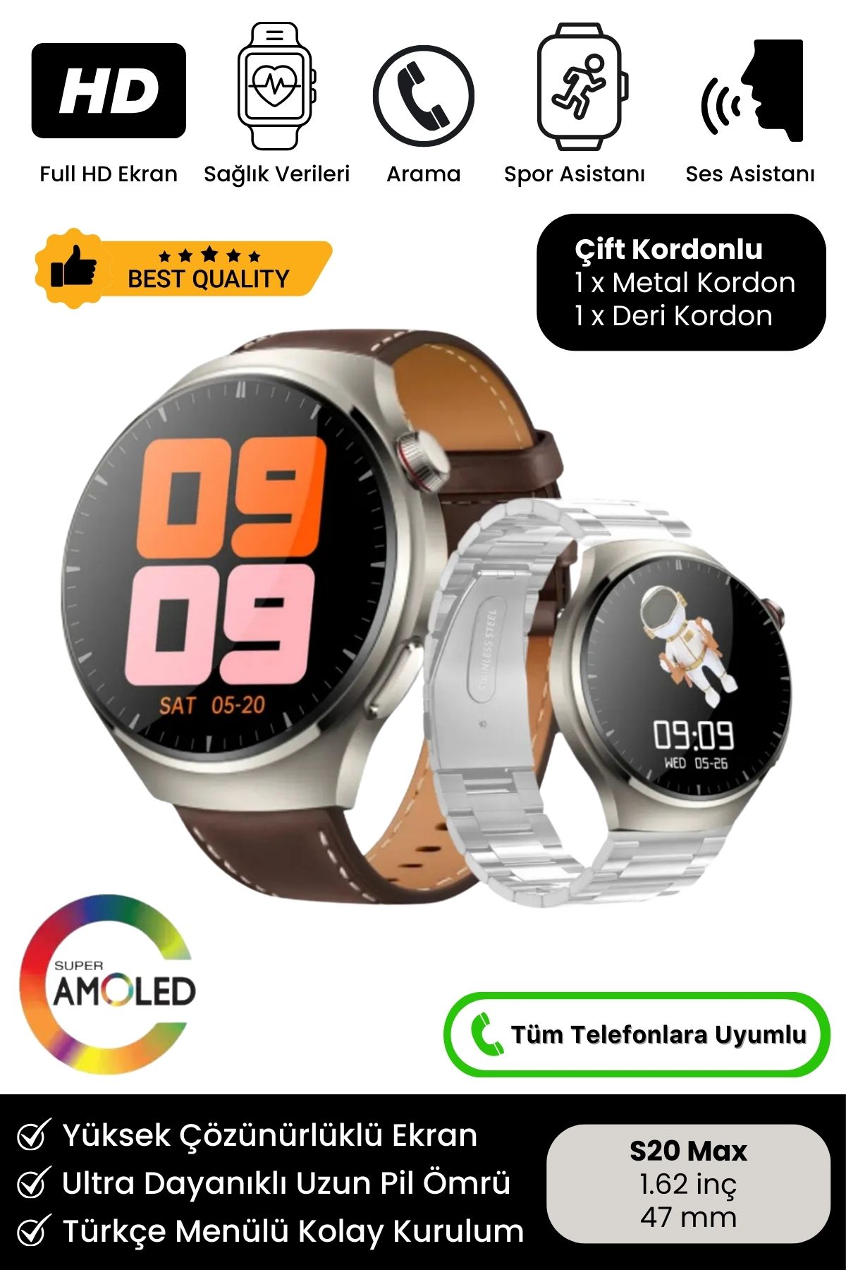 Premium Serisi S20 Max Amoled Büyük HD Ekran Spor ve Sağlık Sensörlü Şık IOS Android Akıllı Saat