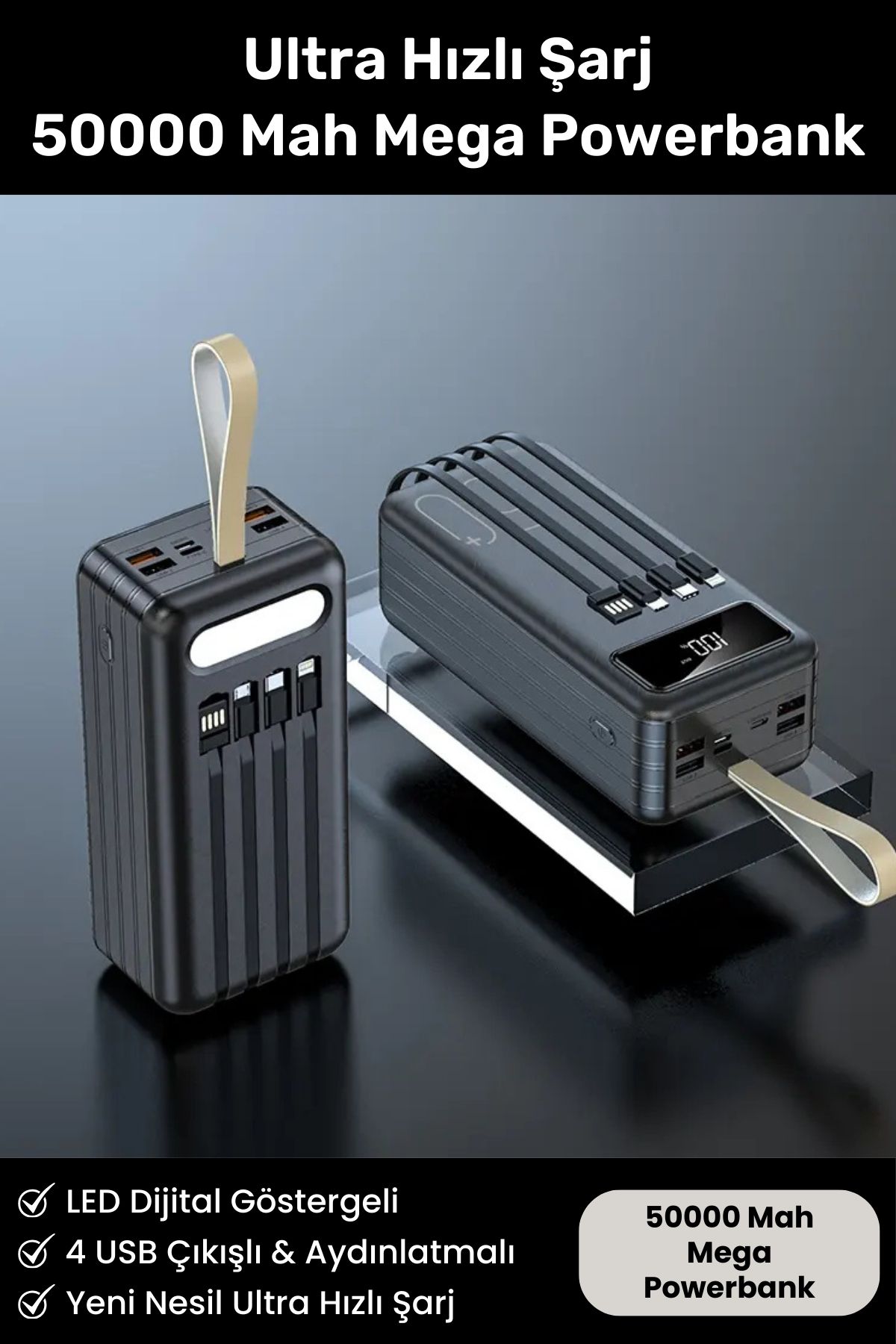 Ultra Hızlı Şarj 50000 Mah 4 USB Çıkışlı Dijital Göstergeli Aydınlatmalı Taşıma Askılı Powerbank