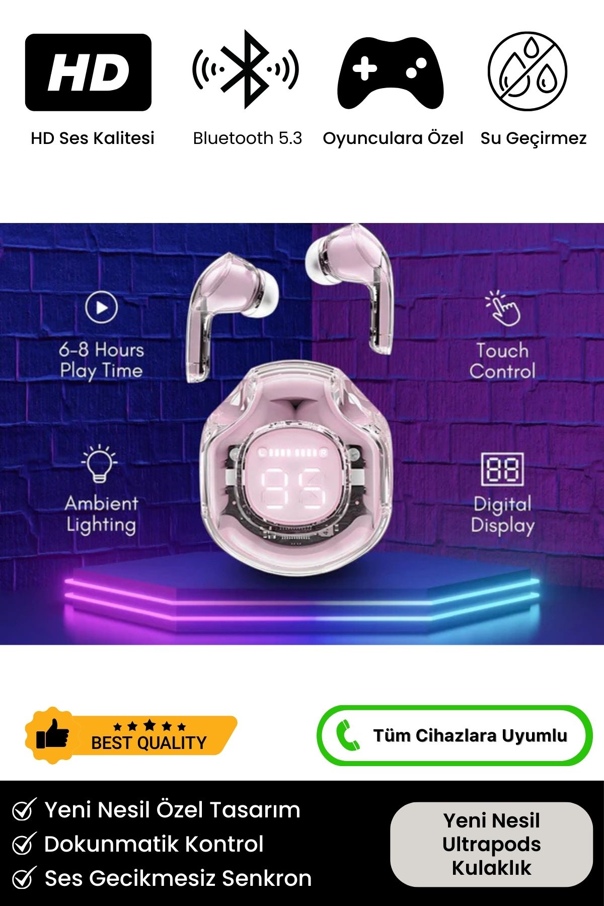 Yeni Nesil Ultrapods Pro 8D Stereo Ses Powerbanklı Ios Android Uyumlu Gaming Bluetooth 5.3 Kulaklık