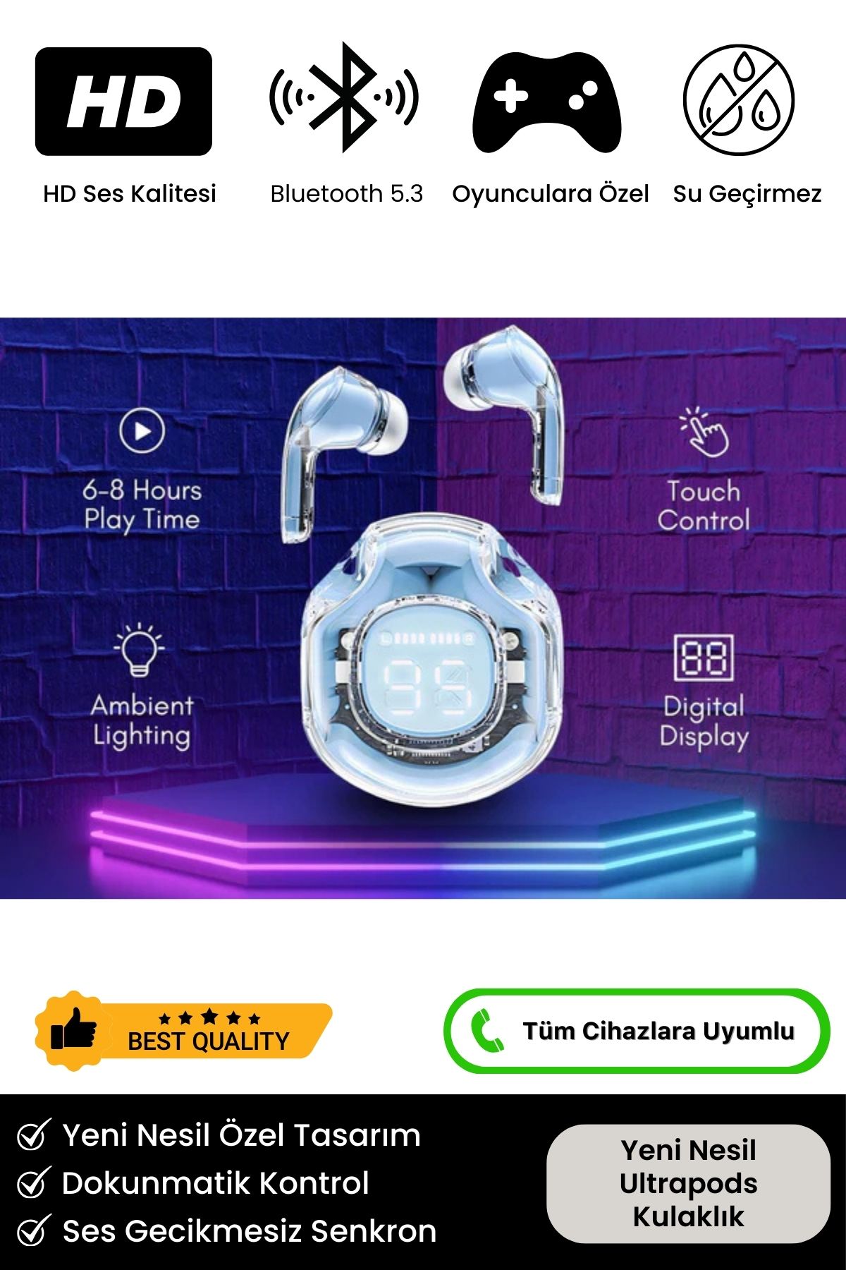 Yeni Nesil Ultrapods Pro 8D Stereo Ses Powerbanklı Ios Android Uyumlu Gaming Bluetooth 5.3 Kulaklık