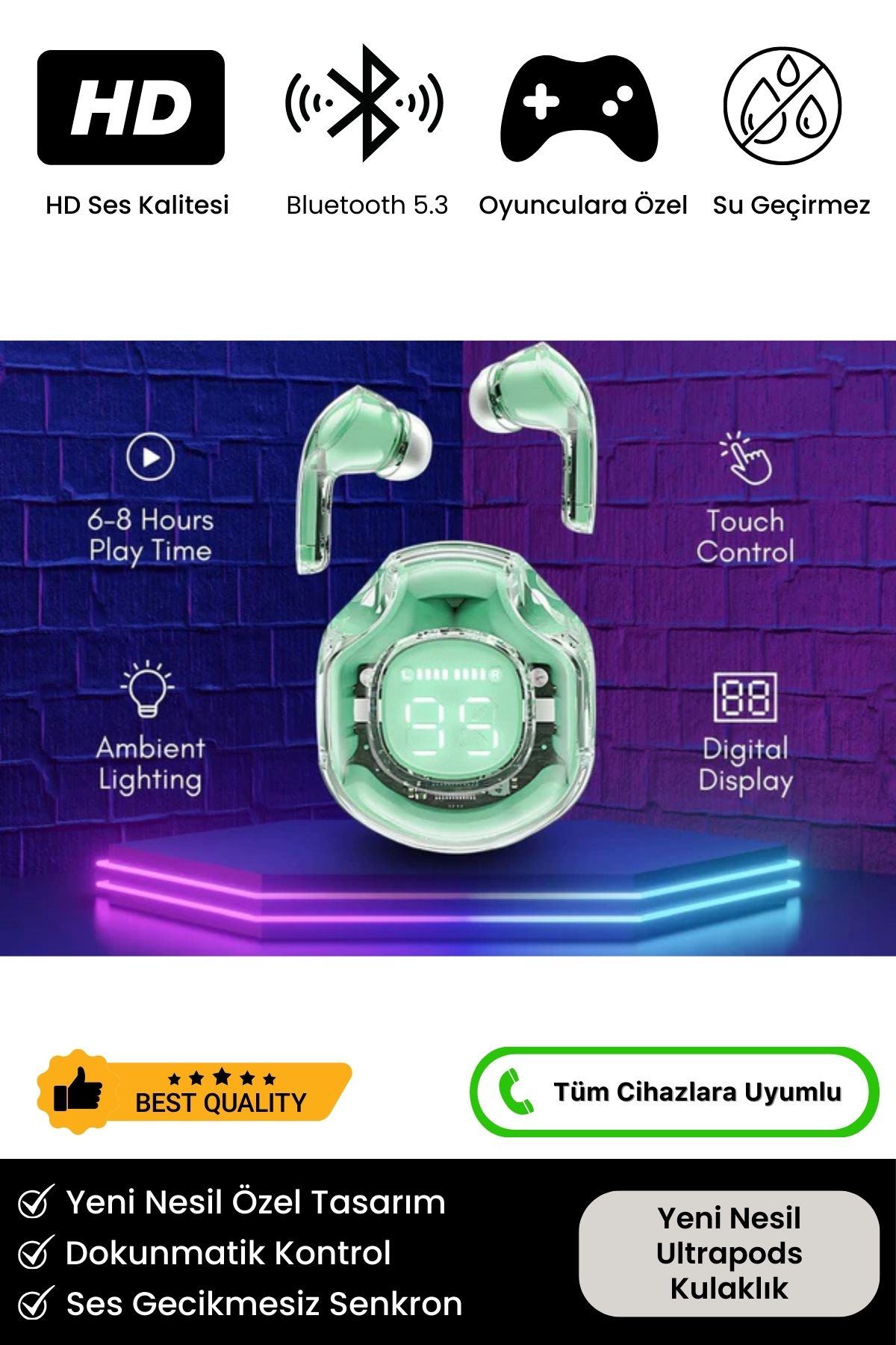 Yeni Nesil Ultrapods Pro 8d Stereo Ses Powerbanklı Ios Android Uyumlu Gaming Blutooth 5.3 Kulaklık