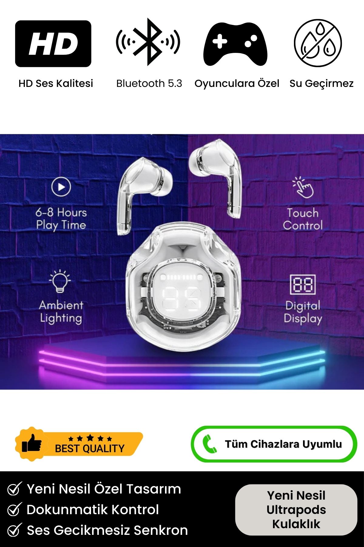 Yeni Nesil Ultrapods Pro 8D Stereo Ses Powerbanklı Ios Android Uyumlu Gaming Bluetooth 5.3 Kulaklık