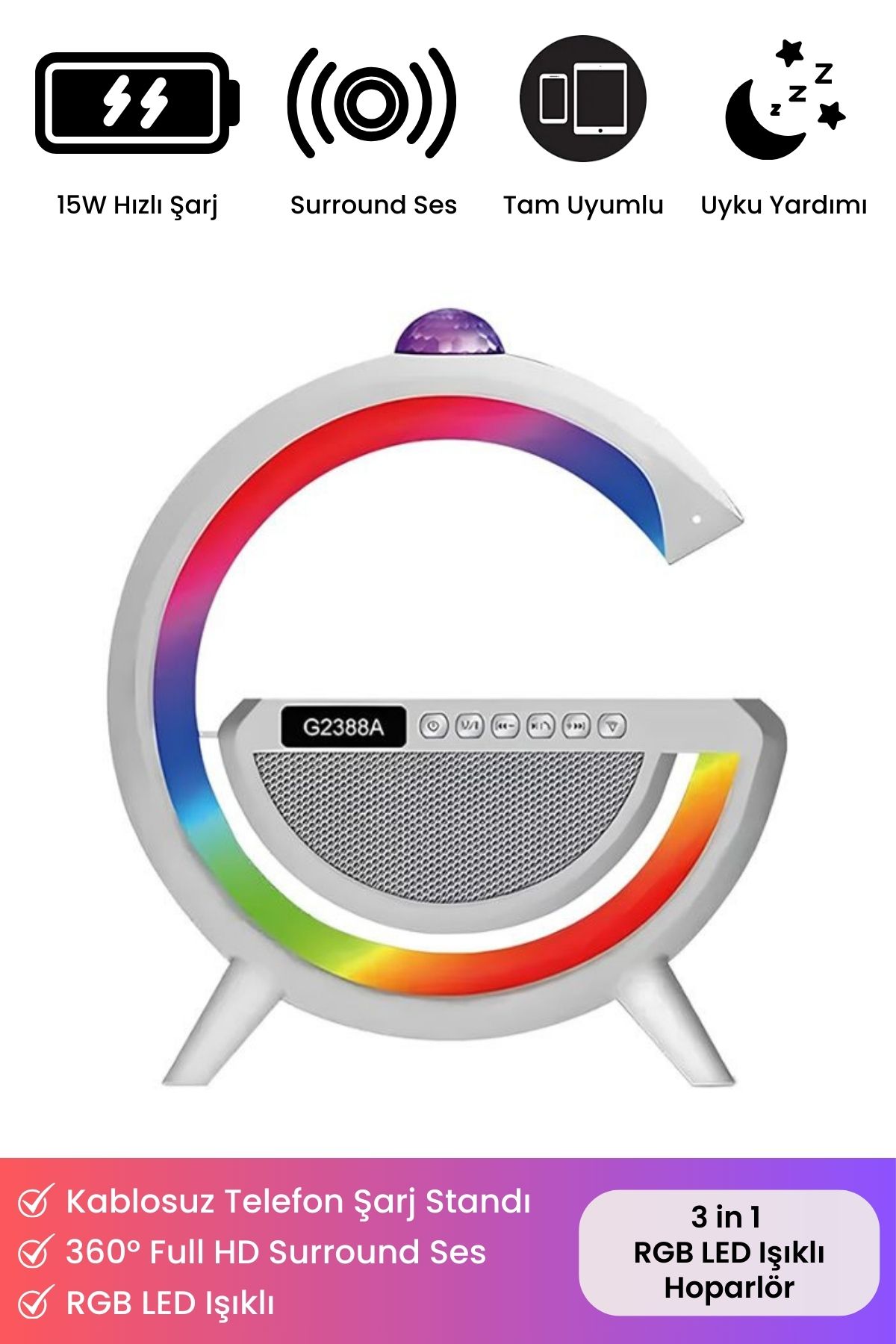 Kablosuz Şarj Led Işıklı Bluetooth Hoparlör Radyolu Müzik Çalar Saatli Telefon Standı 3in1 Speaker