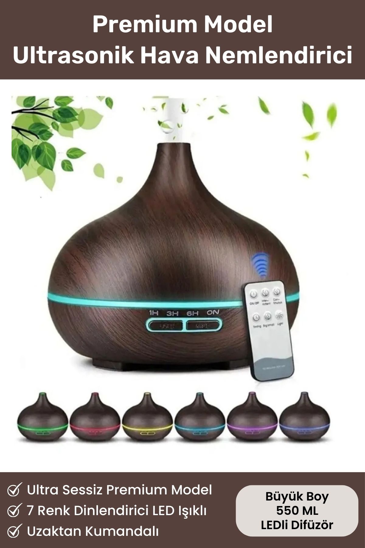 Ultra Sessiz Büyük 550 ML Ultrasonik Hava Nemlendirici 7 LED Gece Işığı Buhar Makinesi Aroma Difüzör