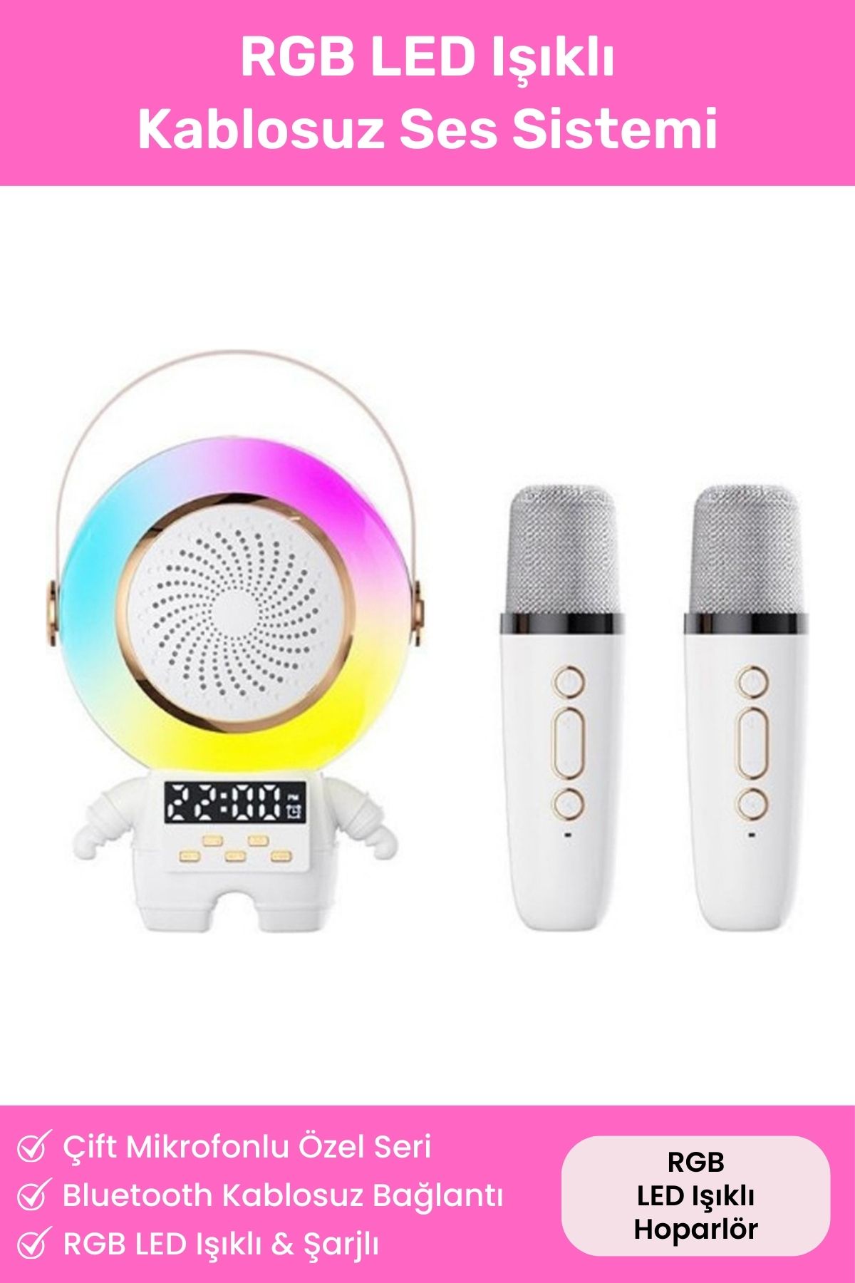 Çift Mikrofonlu Parti Karaoke Seti RGB LED Işıklı Şarjlı Bluetooth Kablosuz Hoparlör Ses Sistemi