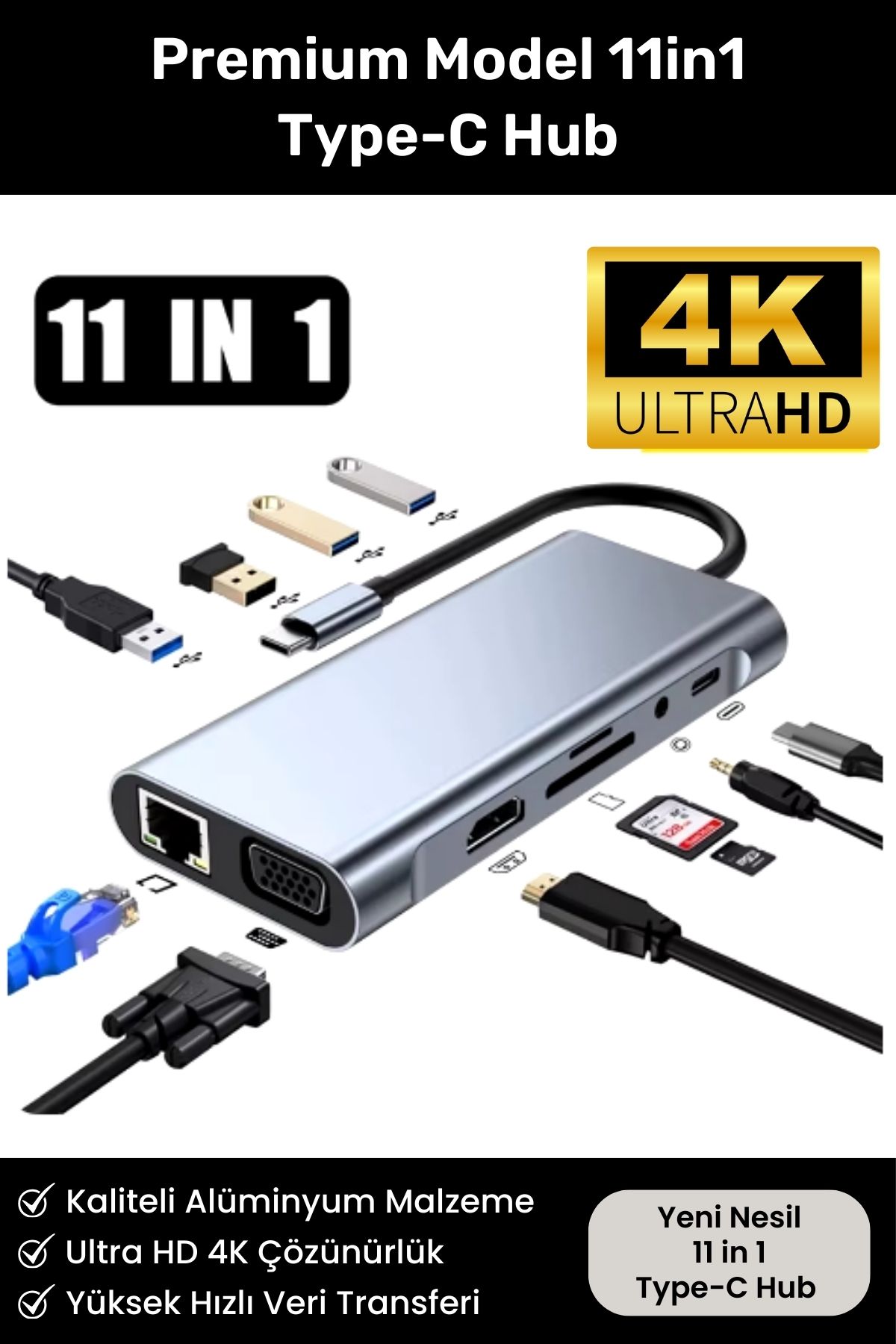 11in1 Type-c To Usb Hub Port Adaptör Hdmi 4x Usb Lan Vga Sd Card Çoklayıcı Çevirici Dönüştürücü