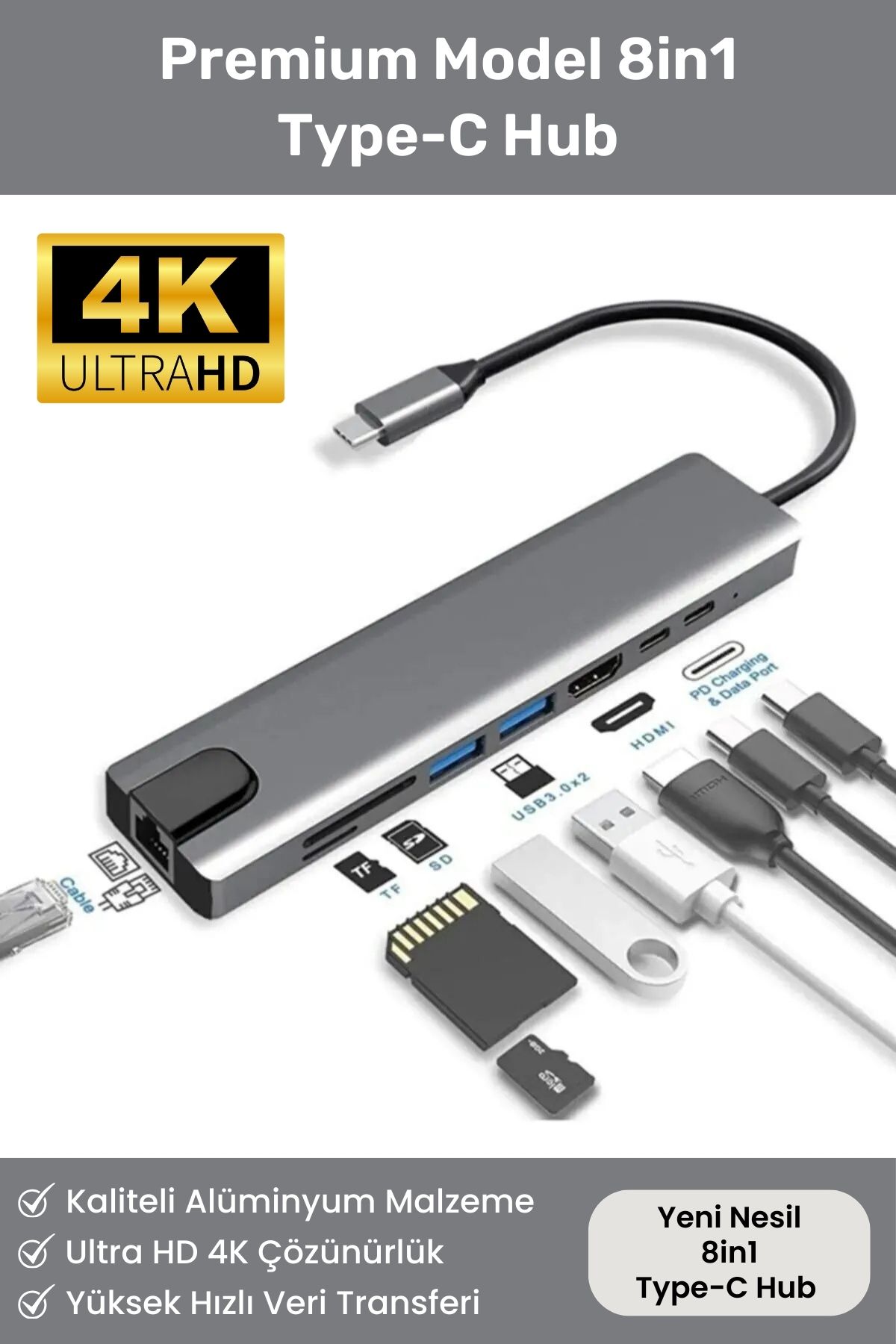 8in1 Macbook Pro Air Usb Type-c Hub Dönüştürücü Çevirici Çoklayıcı Usb Hdmi Micro SD 8 Girişli