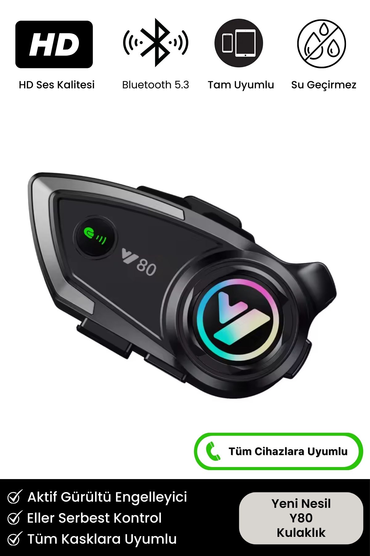 Y80 Yeni Nesil Motosiklet Kask Interkom Mikrofonlu Gürültü Engelleyici Işıklı 5.3 Bluetooth Kulaklık