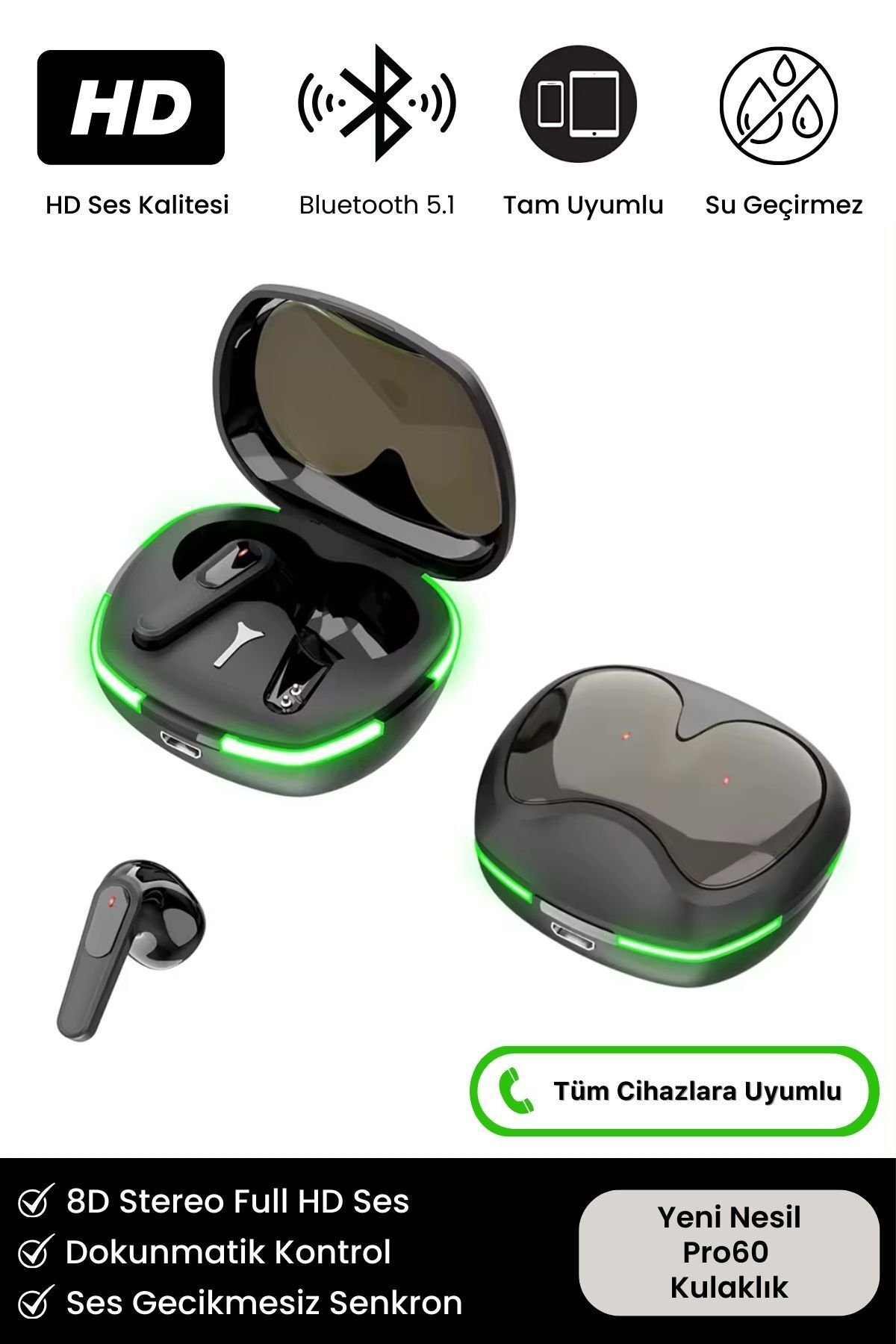 Tws Pro60 8D Stereo HD Ses Mikrofonlu Işıklı Gaming Oyuncu Dokunmatik Kablosuz Bluetooth Kulaklık