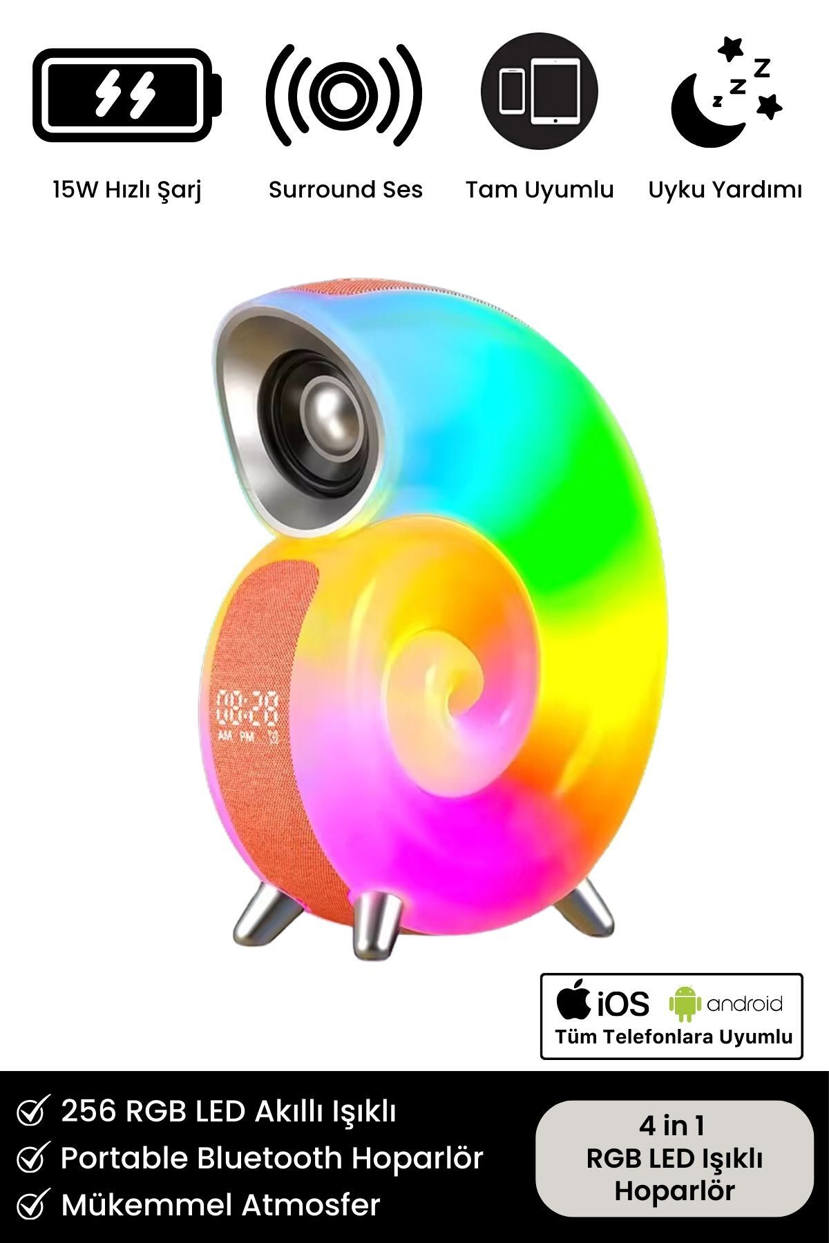 Perfect Ambiance 256 RGB LED Işıklı Akıllı Gece Lambası Salyangoz Kablosuz Şarj Bluetooth Hoparlör