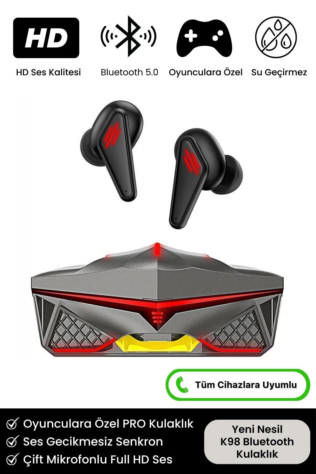 K98 Pro Oyuncu HD Ses Işıklı Metal Kasa Ios Android Uyumlu Mikrofonlu Bluetooth Kablosuz Kulaklık