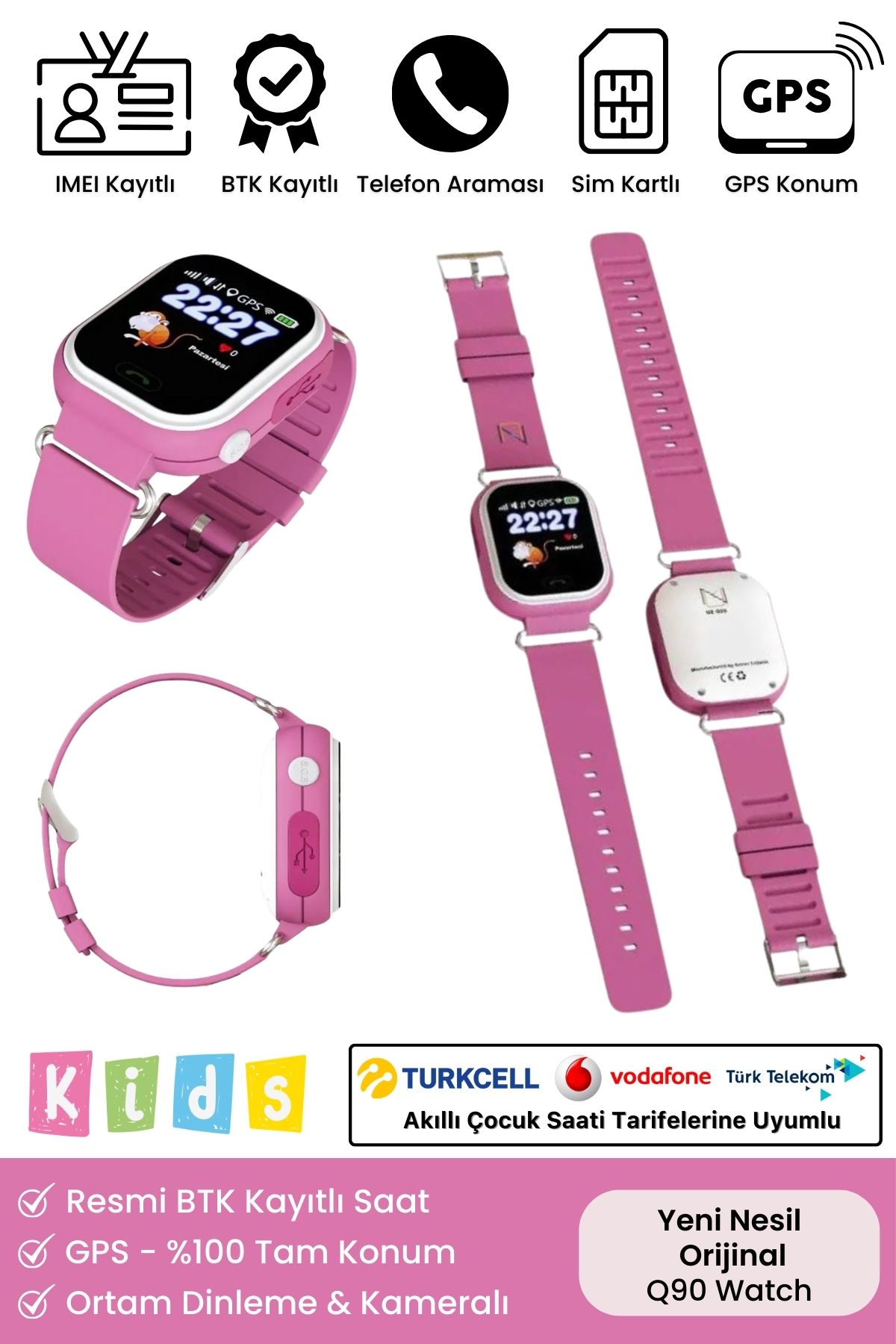 Çocuklar Için Gps Konum Btk Kayıtlı Sim Kartlı Çocuk Takip Ortam Dinleme Özellikli Q90 Akıllı Saat