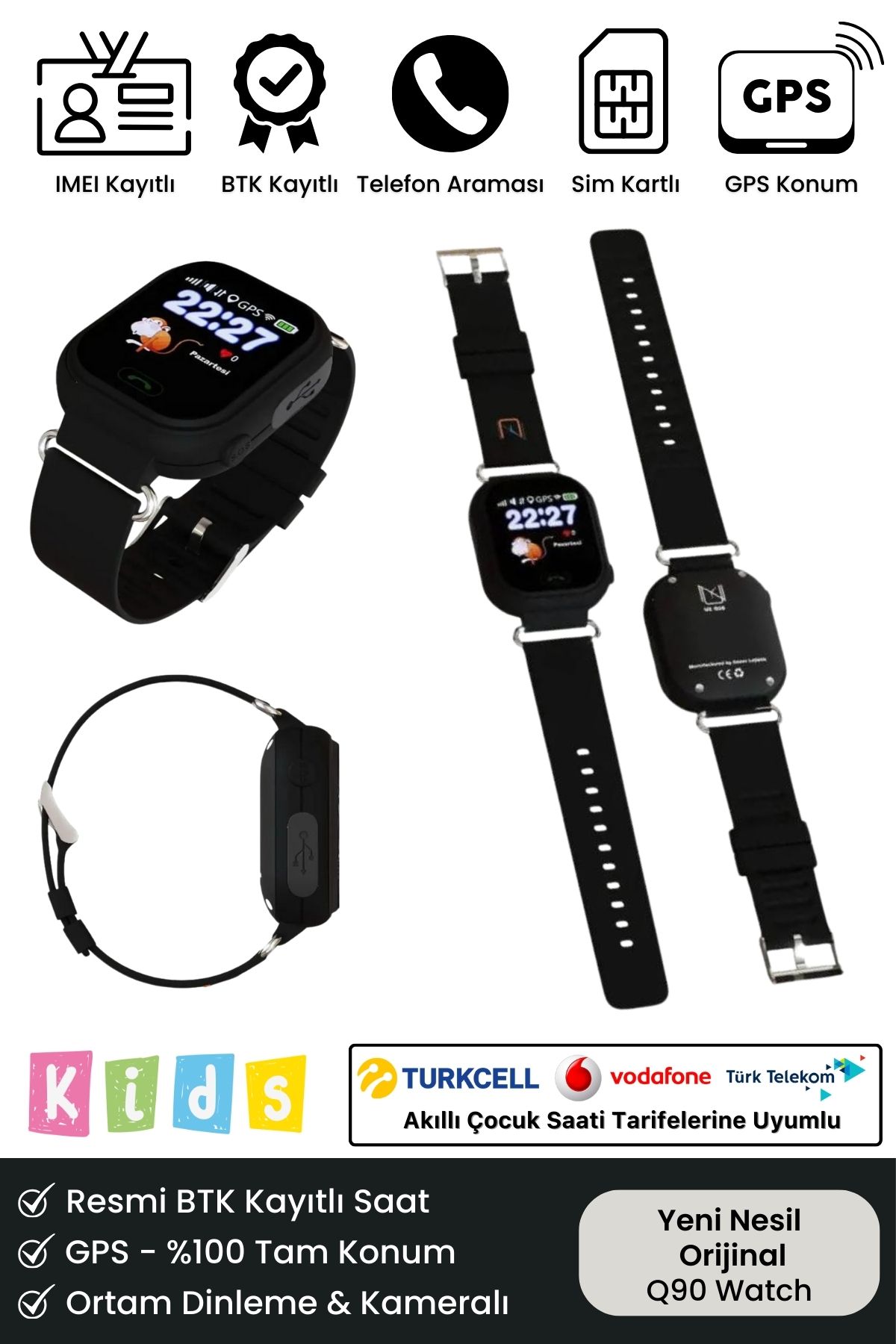 Çocuklar Için Gps Konum Btk Kayıtlı Sim Kartlı Çocuk Takip Ortam Dinleme Özellikli Q90 Akıllı Saat