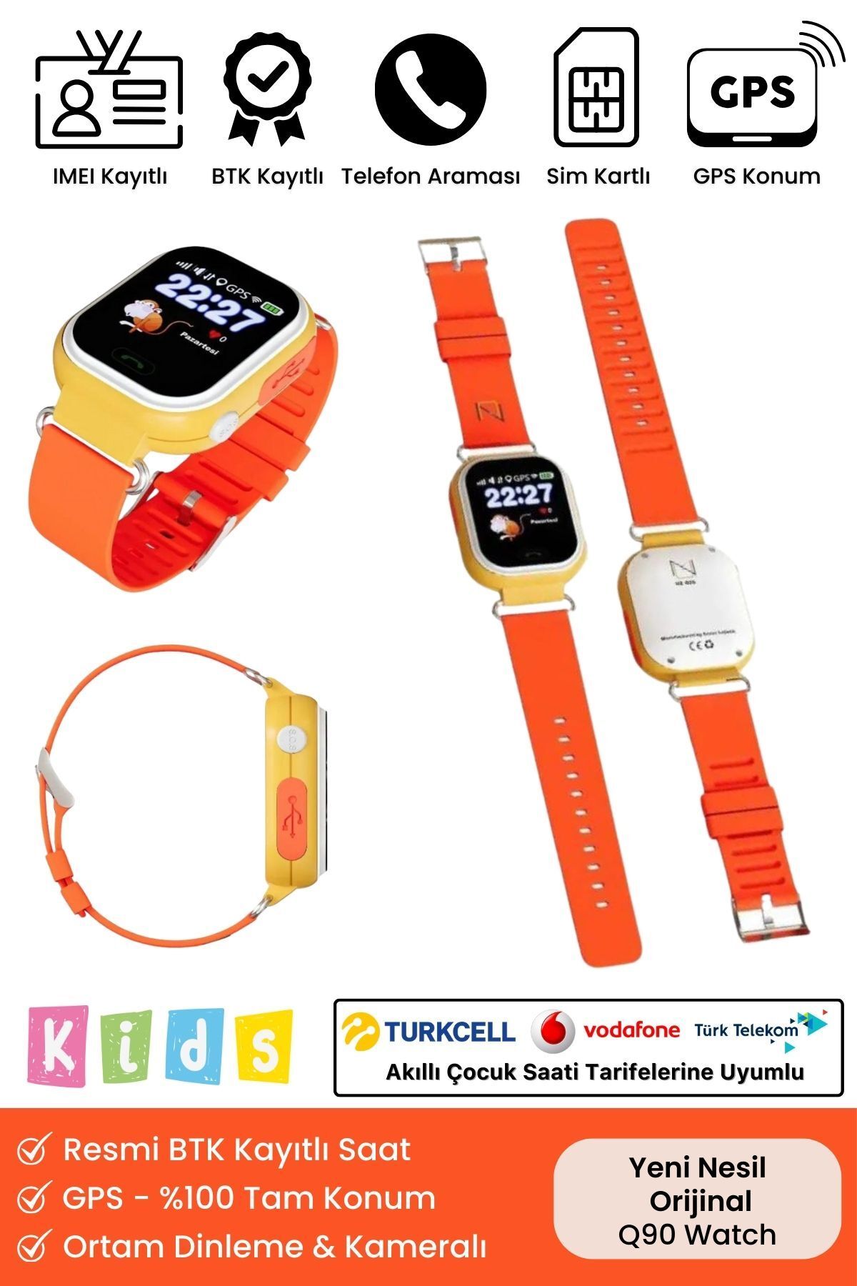 Çocuklar Için Gps Konum Btk Kayıtlı Sim Kartlı Çocuk Takip Ortam Dinleme Özellikli Q90 Akıllı Saat