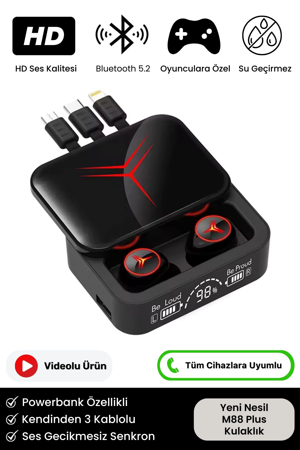 M88 Plus Powerbank Özellikli HD Ses Göstergeli Ios Android Uyumlu 5.2 Bluetooth Kablosuz Kulaklık