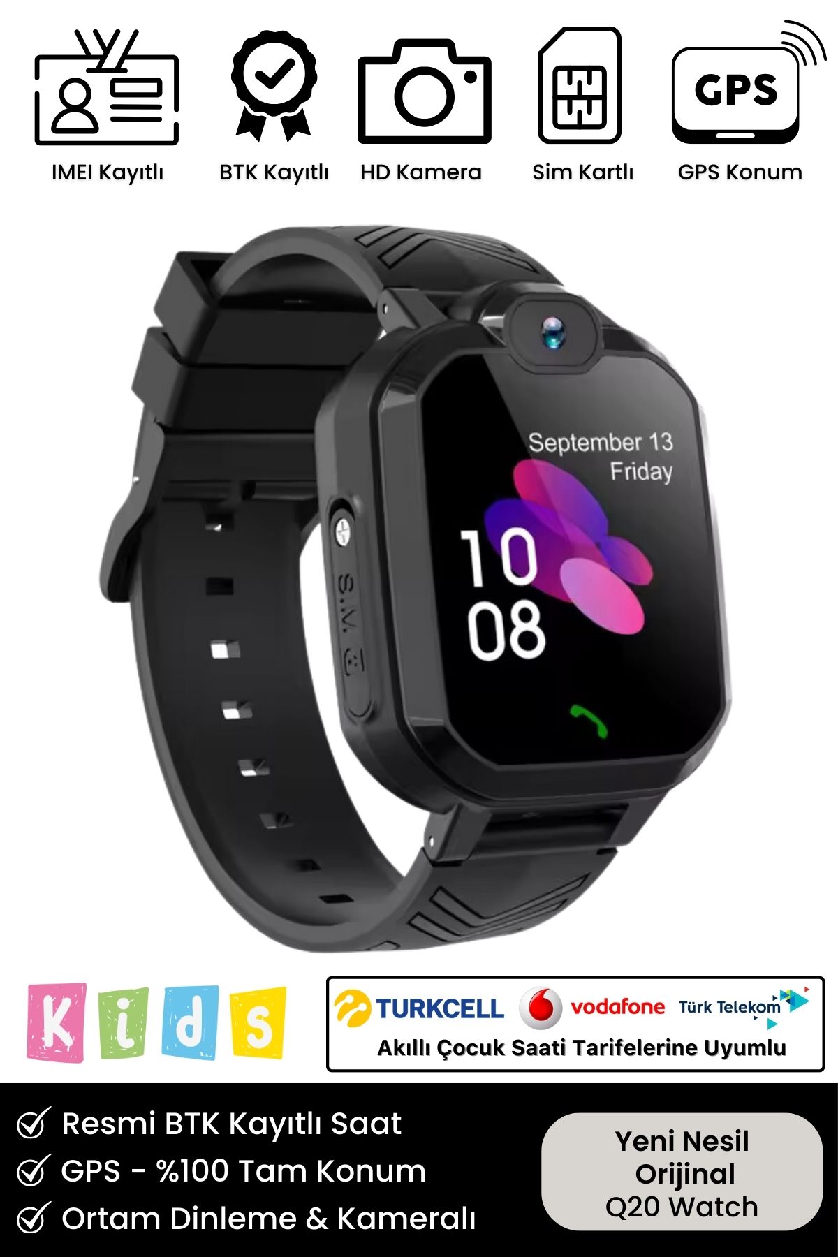 Çocuklar İçin GPS Konum BTK Kayıtlı Sim Kartlı Çocuk Takip Ortam Dinleme Kameralı Q20 Akıllı Saat