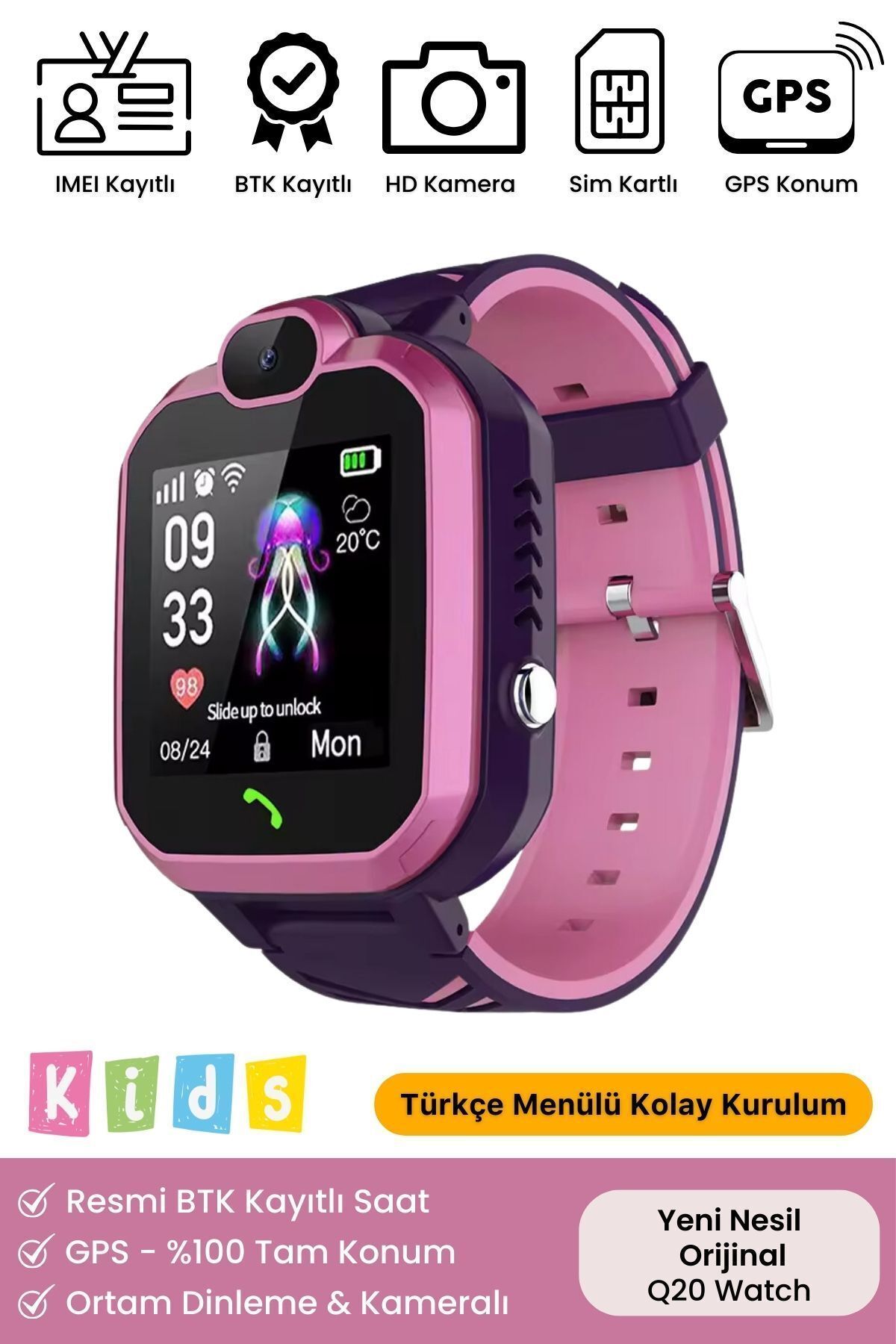 Çocuklar İçin GPS Konum BTK Kayıtlı Sim Kartlı Çocuk Takip Ortam Dinleme Kameralı Q20 Akıllı Saat