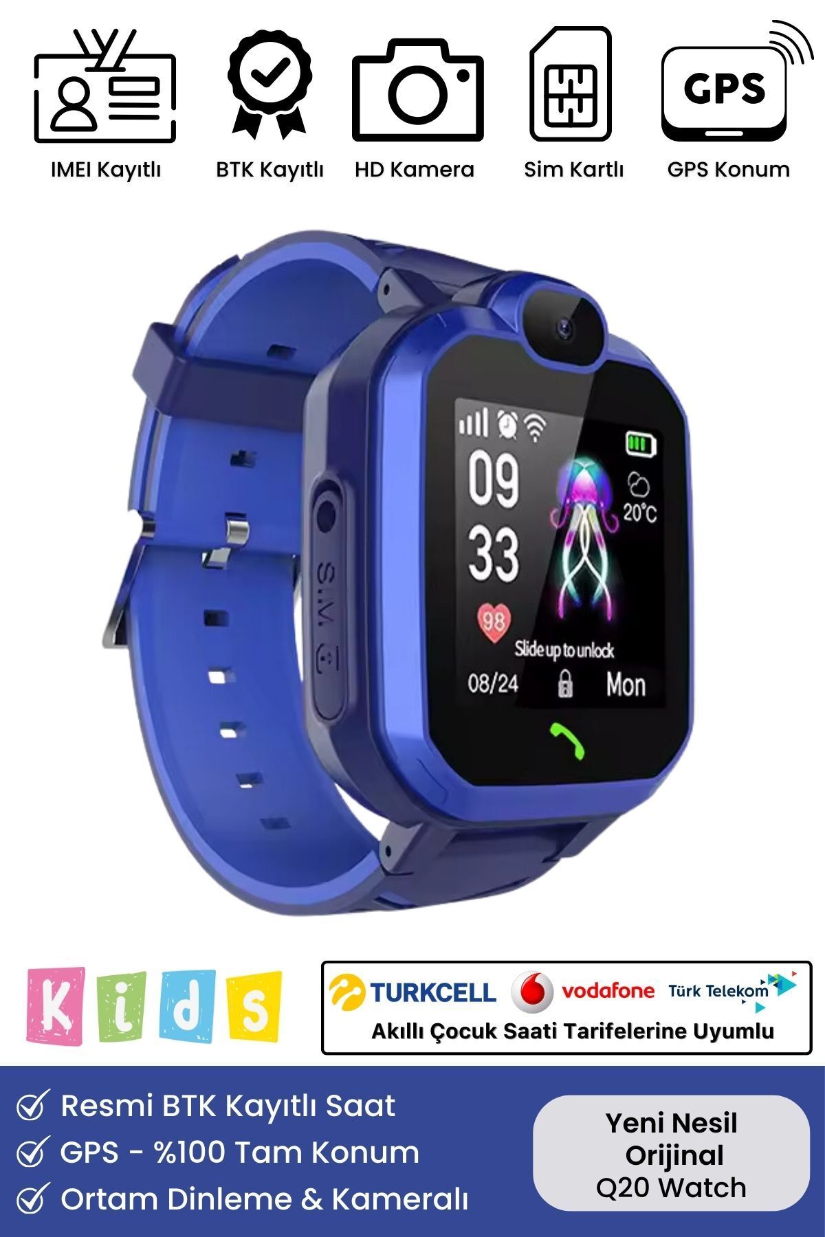 Çocuklar İçin GPS Konum BTK Kayıtlı Sim Kartlı Çocuk Takip Ortam Dinleme Kameralı Q20 Akıllı Saat