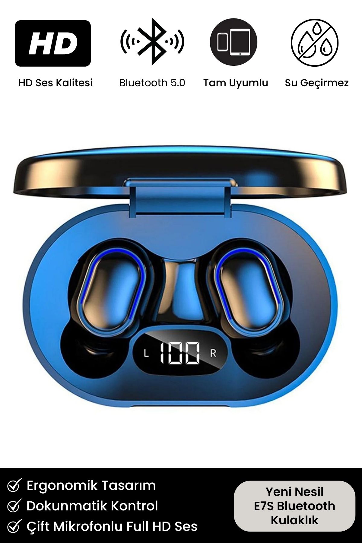 Yeni Nesil E7S Dots Full HD Stereo Ses Çift Mikrofonlu Extra Bass Kablosuz 5.0 Bluetooth Kulaklık