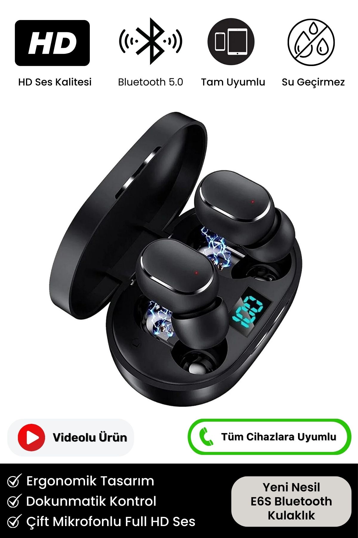 Yeni Nesil E6s Dots Hd Ses Çift Mikrofonlu Extra Bass Powerbank Kablosuz 5.0 Blutooth Kulaklık