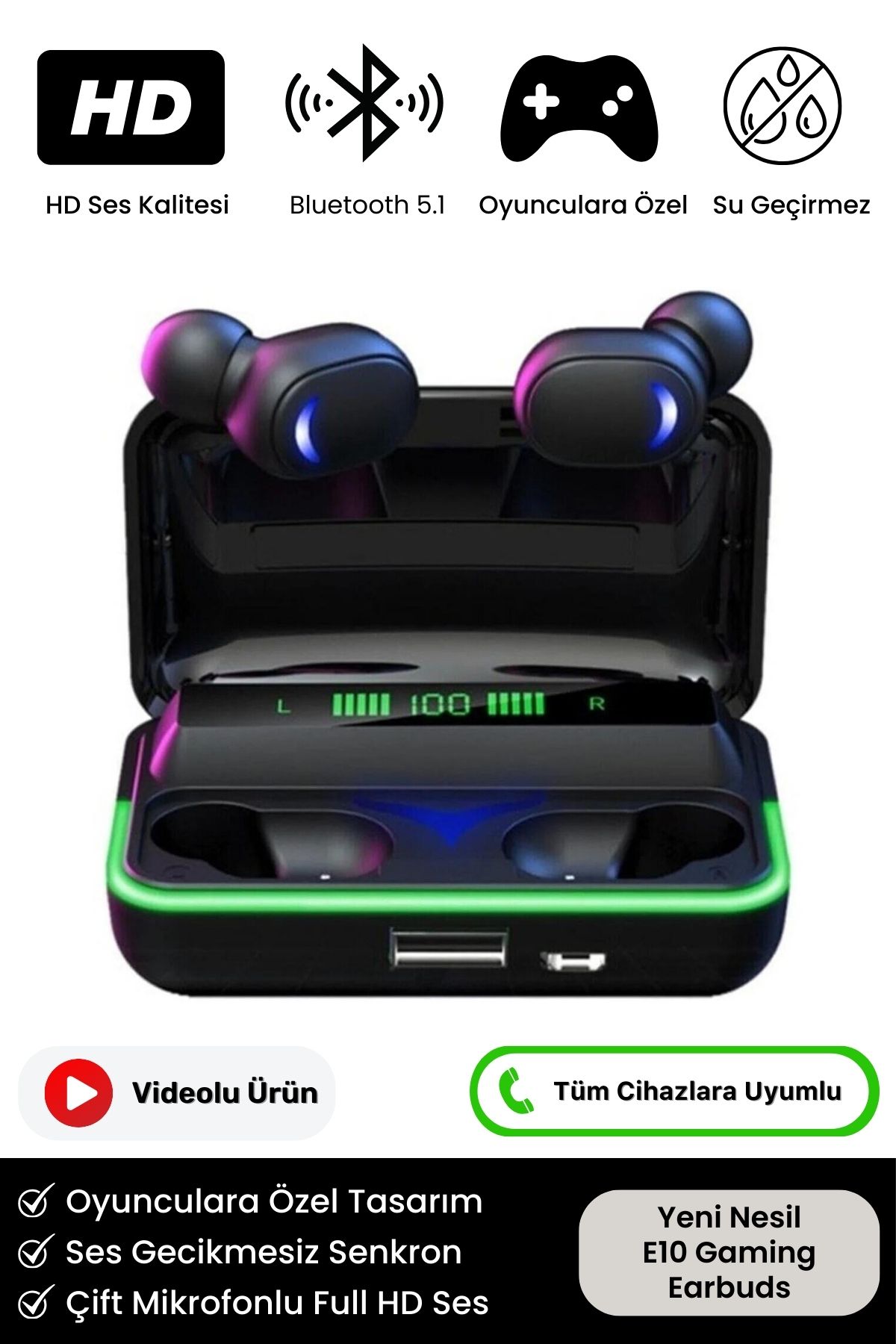 E10 Oyuncu Hd Ses Rgb Işıklı Çift Mikrofonlu 1200 Mah Powerbanklı Kablosuz 5.1 Blutooth Kulaklık