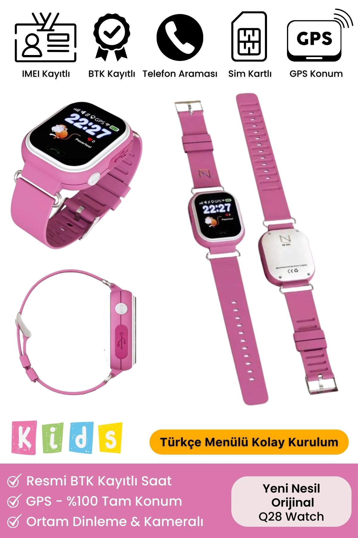 Çocuklar Için Gps Konum Btk Kayıtlı Sim Kartlı Çocuk Takip Ortam Dinleme Özellikli Q28 Akıllı Saat