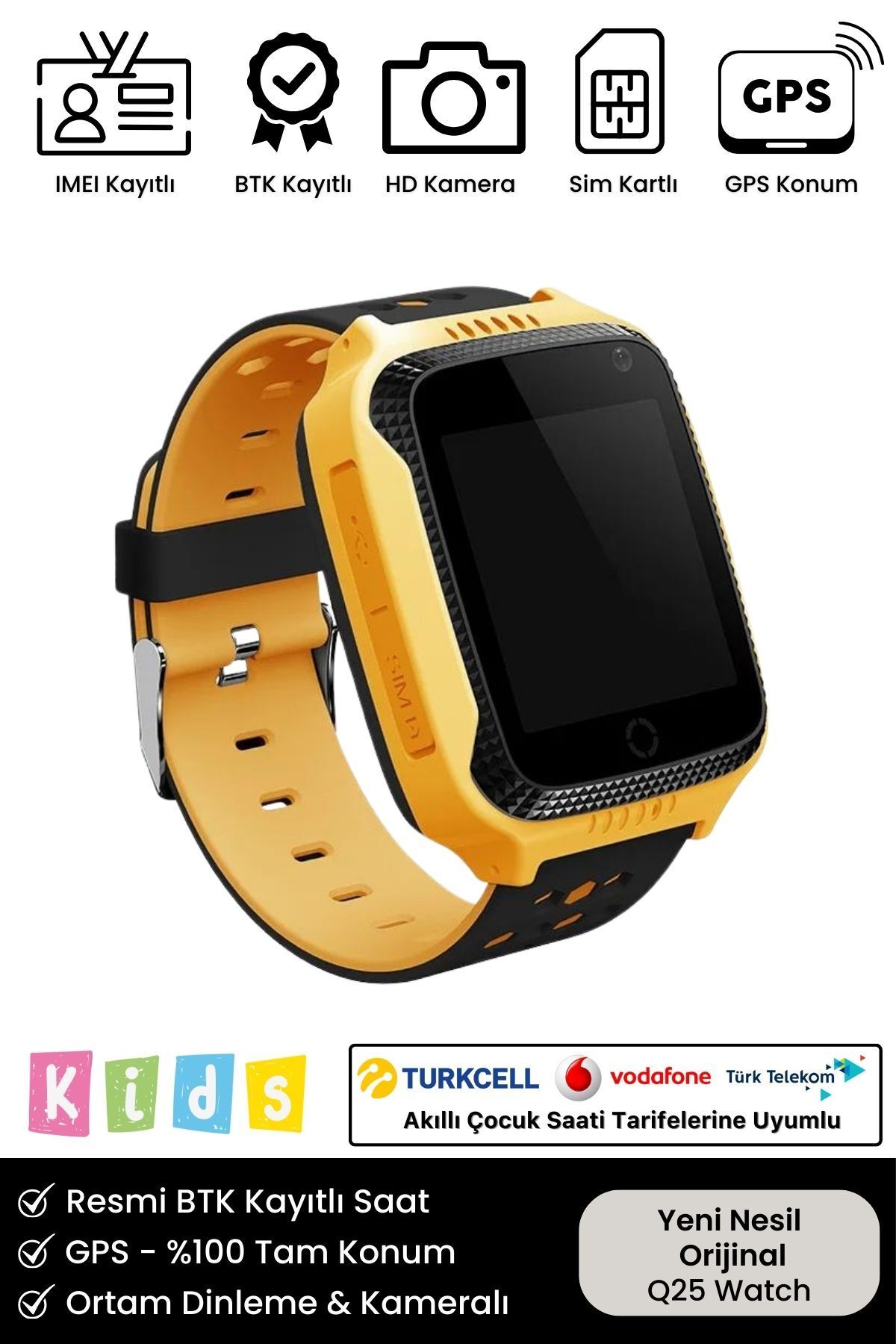 Çocuklar İçin GPS Konum BTK Kayıtlı Sim Kartlı Çocuk Takip Ortam Dinleme Kameralı Q25 Akıllı Saat