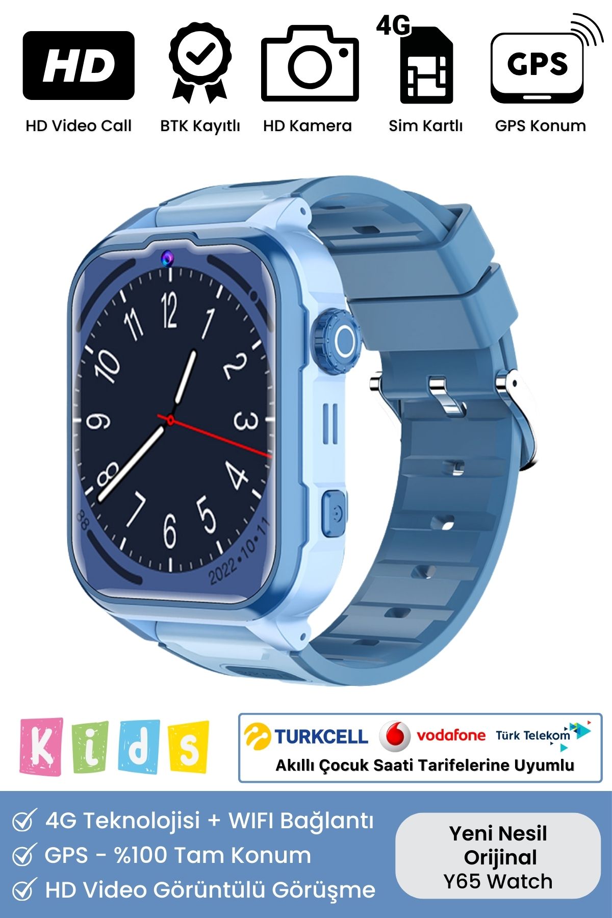 Orijinal 4G Sim Kartlı Gps Konum + Wifi Çocuk Takip Görüntülü Konuşma Ortam Dinleme Y65 Akıllı Saat