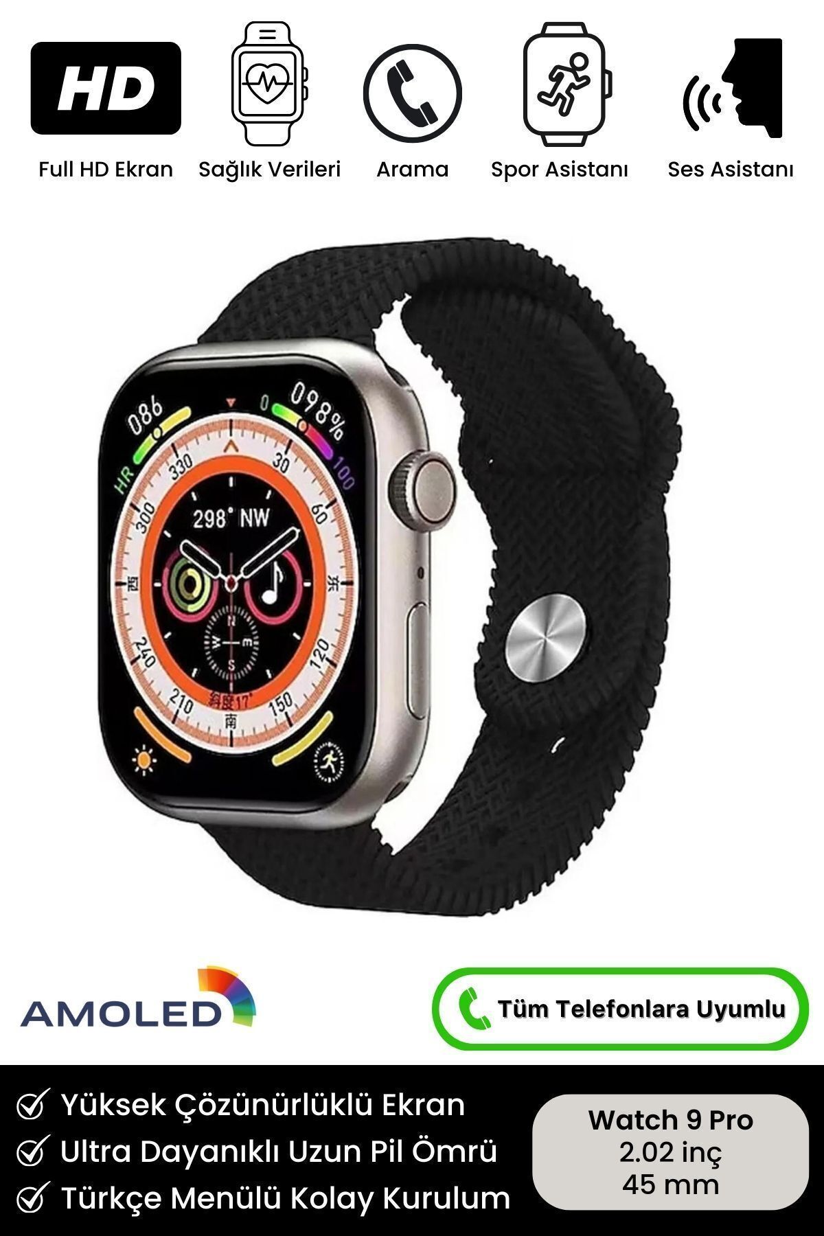 Watch 9 Pro Yeni Nesil Amoled Ekran IOS Android Uyumlu Spor ve Sağlık Sensörlü HK9 Pro Akıllı Saat