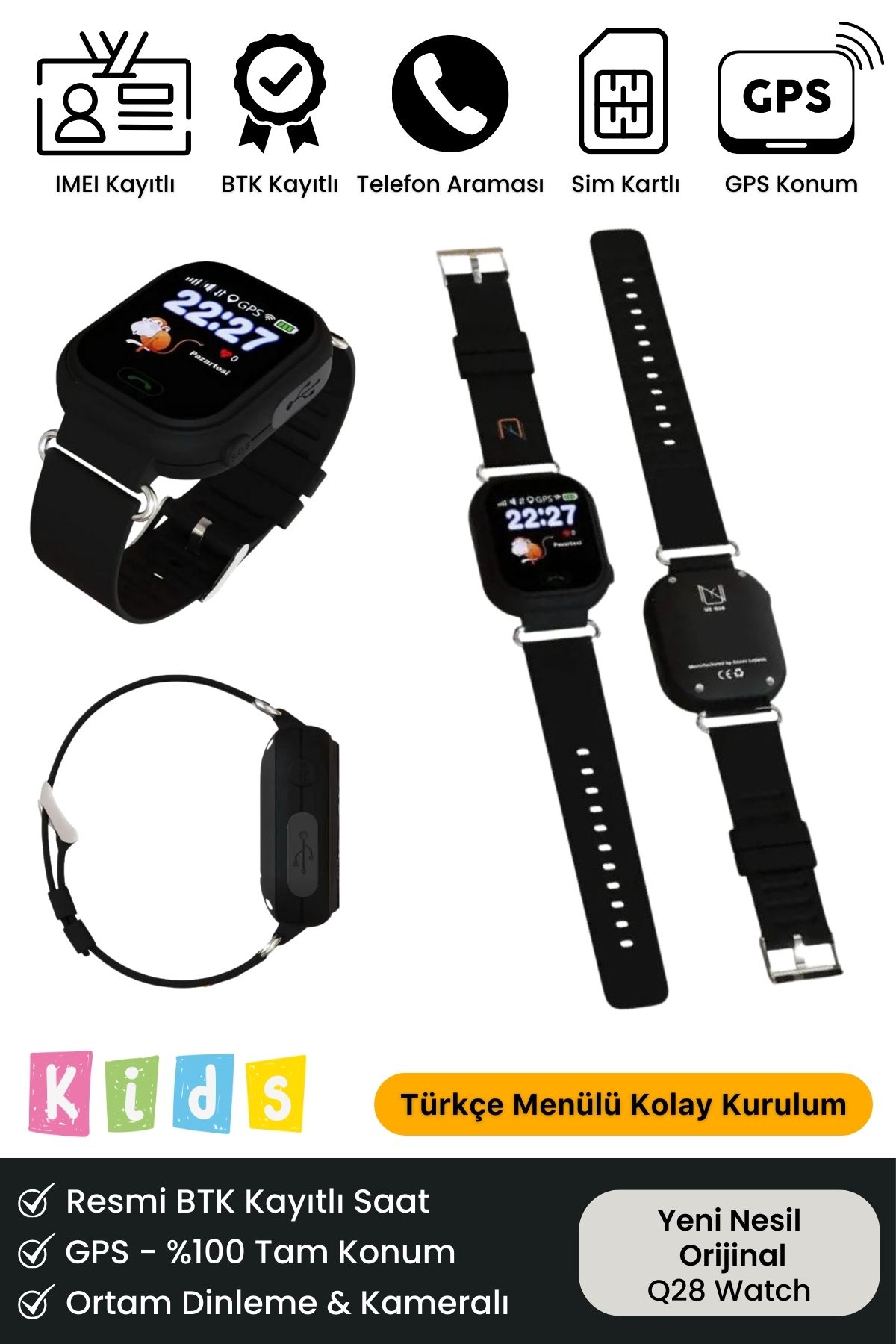 Çocuklar Için Gps Konum Btk Kayıtlı Sim Kartlı Çocuk Takip Ortam Dinleme Q28 Akıllı Saat