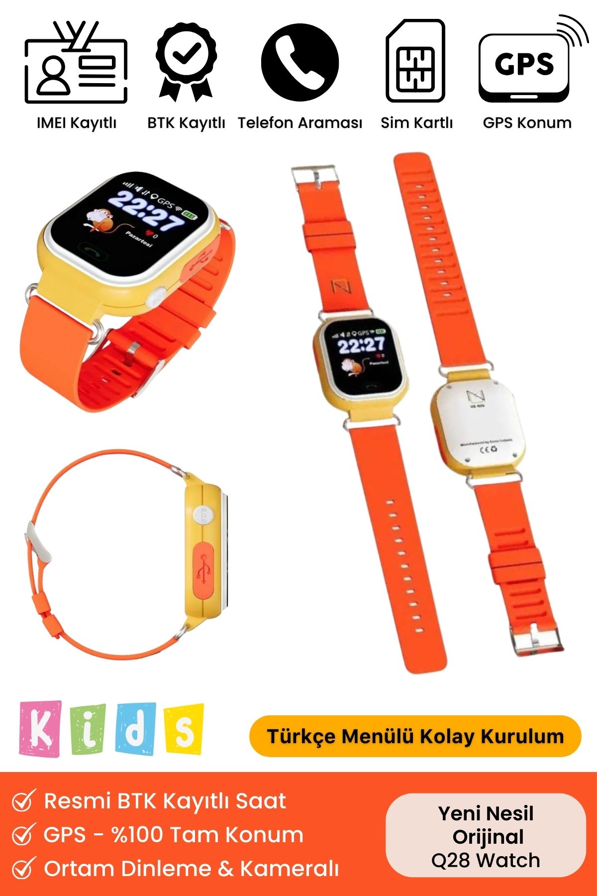 Çocuklar Için Gps Konum Btk Kayıtlı Sim Kartlı Çocuk Takip Ortam Dinleme Q28 Akıllı Saat