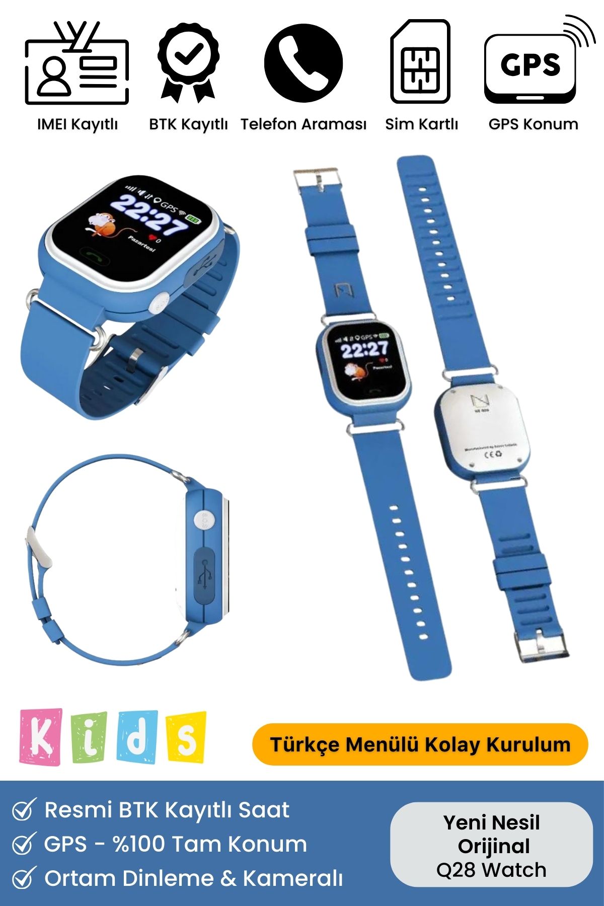 Çocuklar Için Gps Konum Btk Kayıtlı Sim Kartlı Çocuk Takip Ortam Dinleme Q28 Akıllı Saat