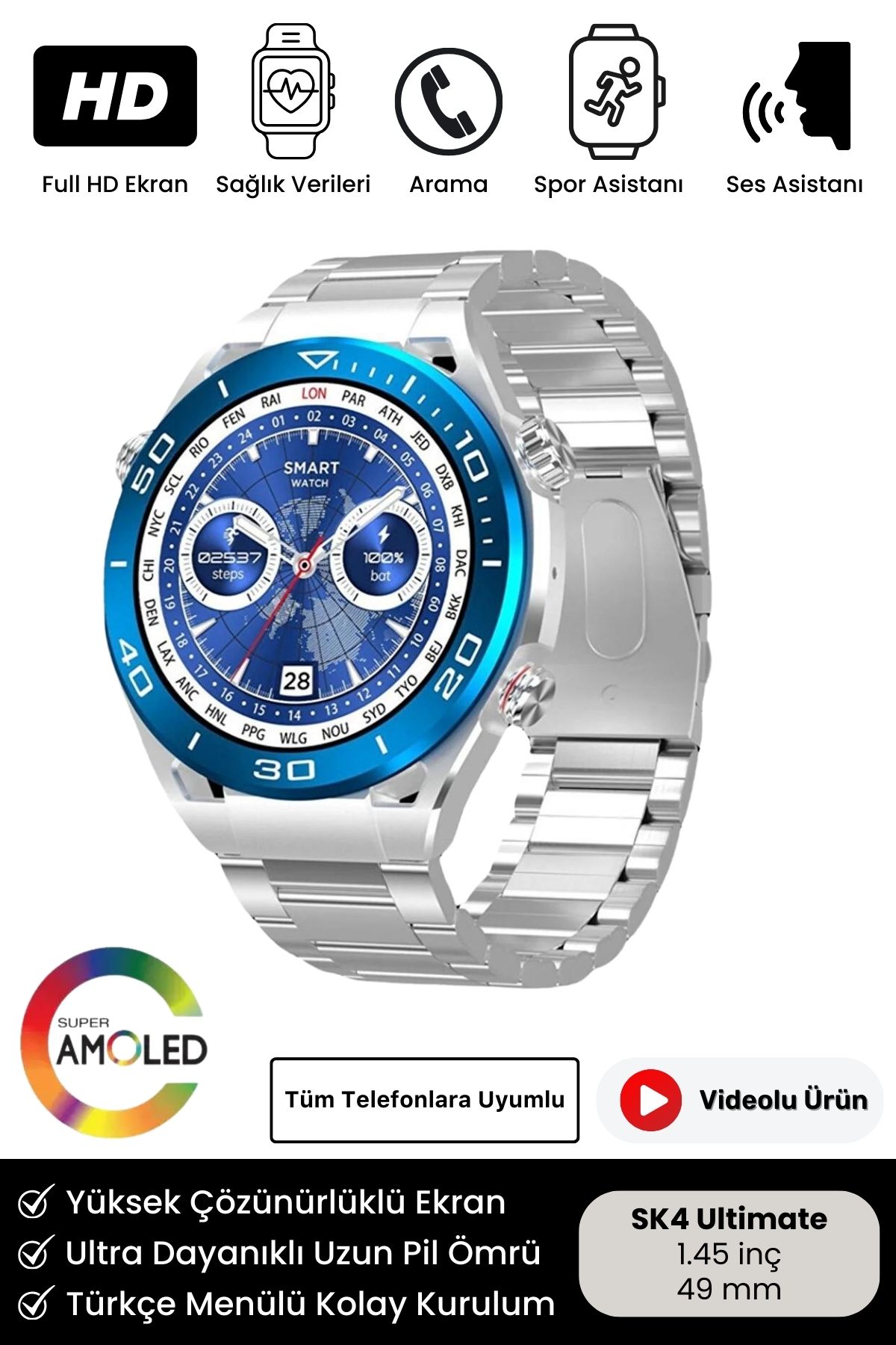 2024 Model SK4 Ultimate Amoled HD Oval Ekran Spor ve Sağlık Sensörlü IOS Android Uyumlu Akıllı Saat
