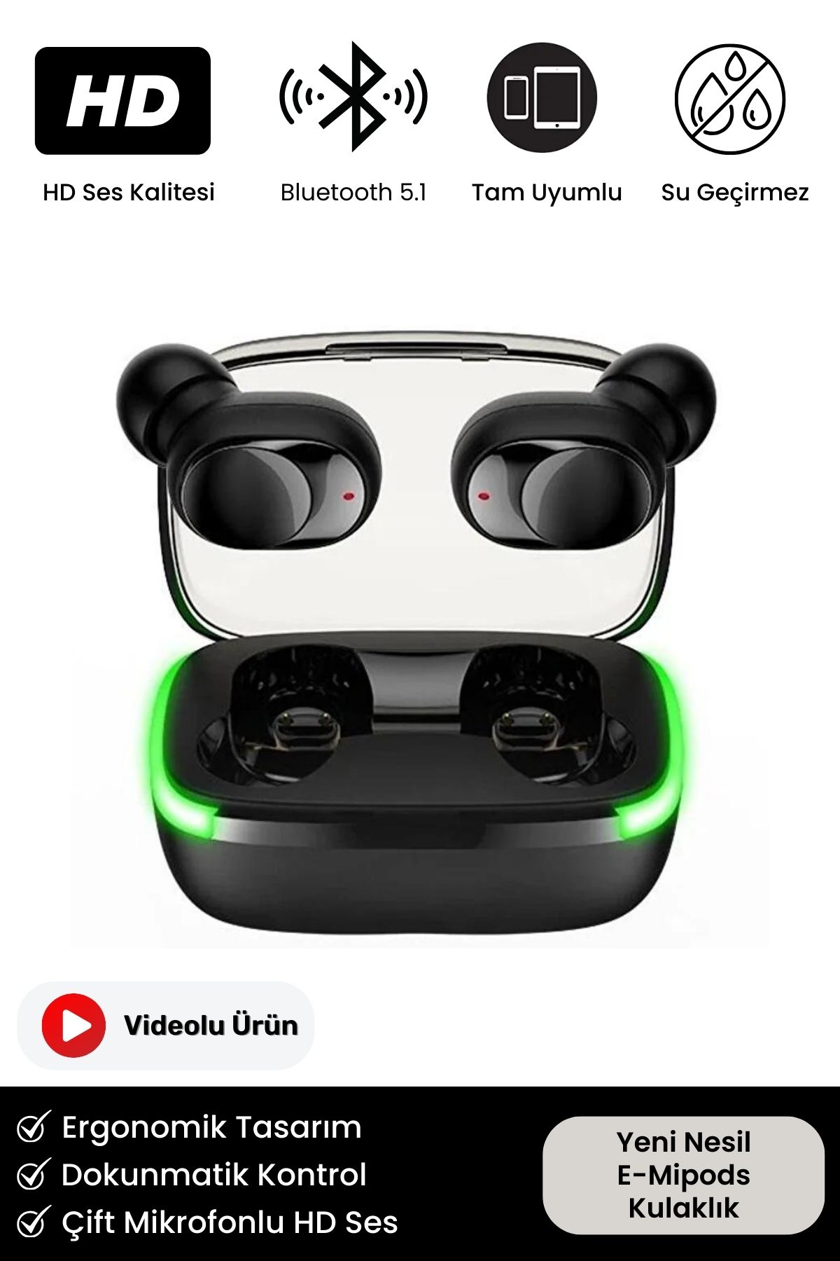 Yeni Nesil E-mipods Çift Mikrofonlu Ios Android Uyumlu HD Ses Extra Bass Earbuds Kablosuz Kulaklık