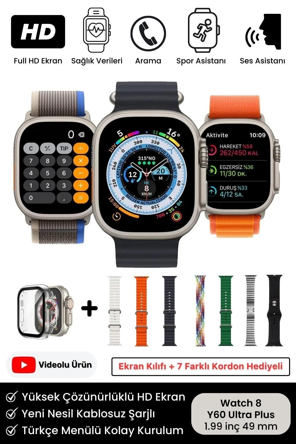 Yeni Nesil Watch 8 Hediyeli Özel Kutulu Seri Ekran Kılıfı Ve 7 Kordon Y60 Ultra Plus Akıllı Saat