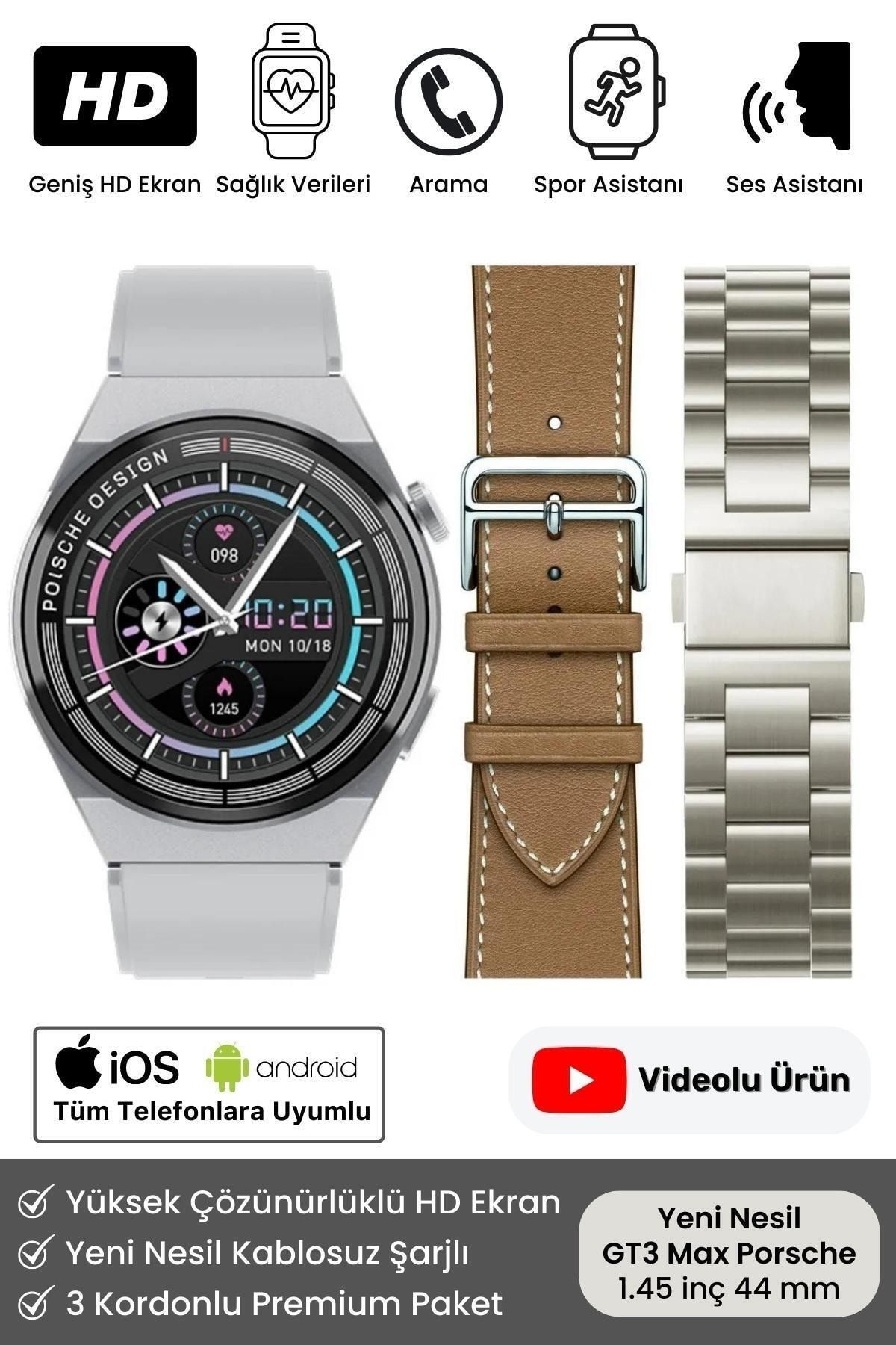 Full HD 3 Kordonlu GT3 Max Premium Spor Sağlık Sensörlü Watch Ios Android Uyumlu Akıllı Saat