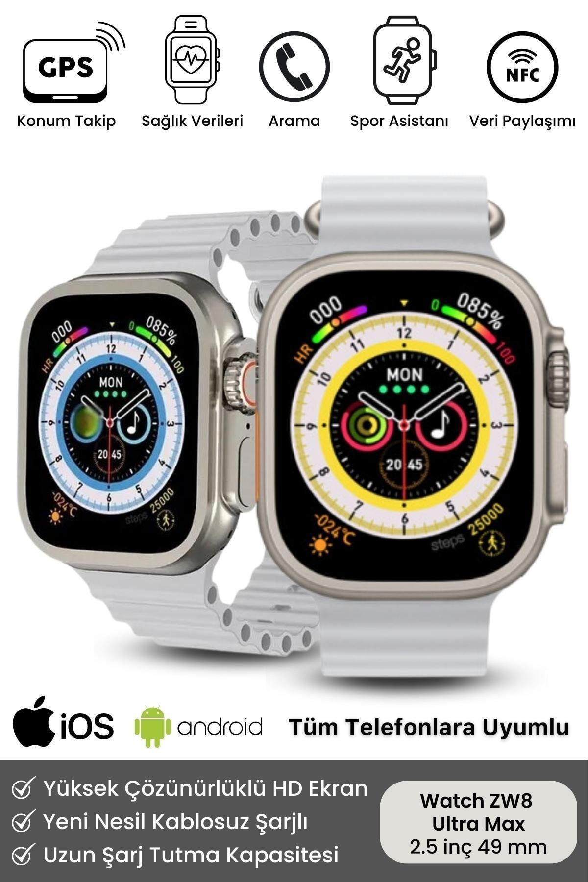 Watch Zw8 Ultra Max 2023 Model 49 Mm 2.05 Inch Ios Android Uyumlu Nfc Siri Gps Özellikli Akıllı Saat