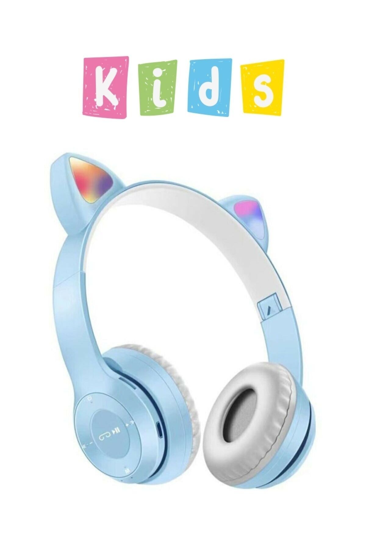 Erkek Çocuklar İçin Kedi Kulaklı Işıklı Mikrofonlu Kablosuz Bluetooth Kedili Çocuk Kulaklık Mavi