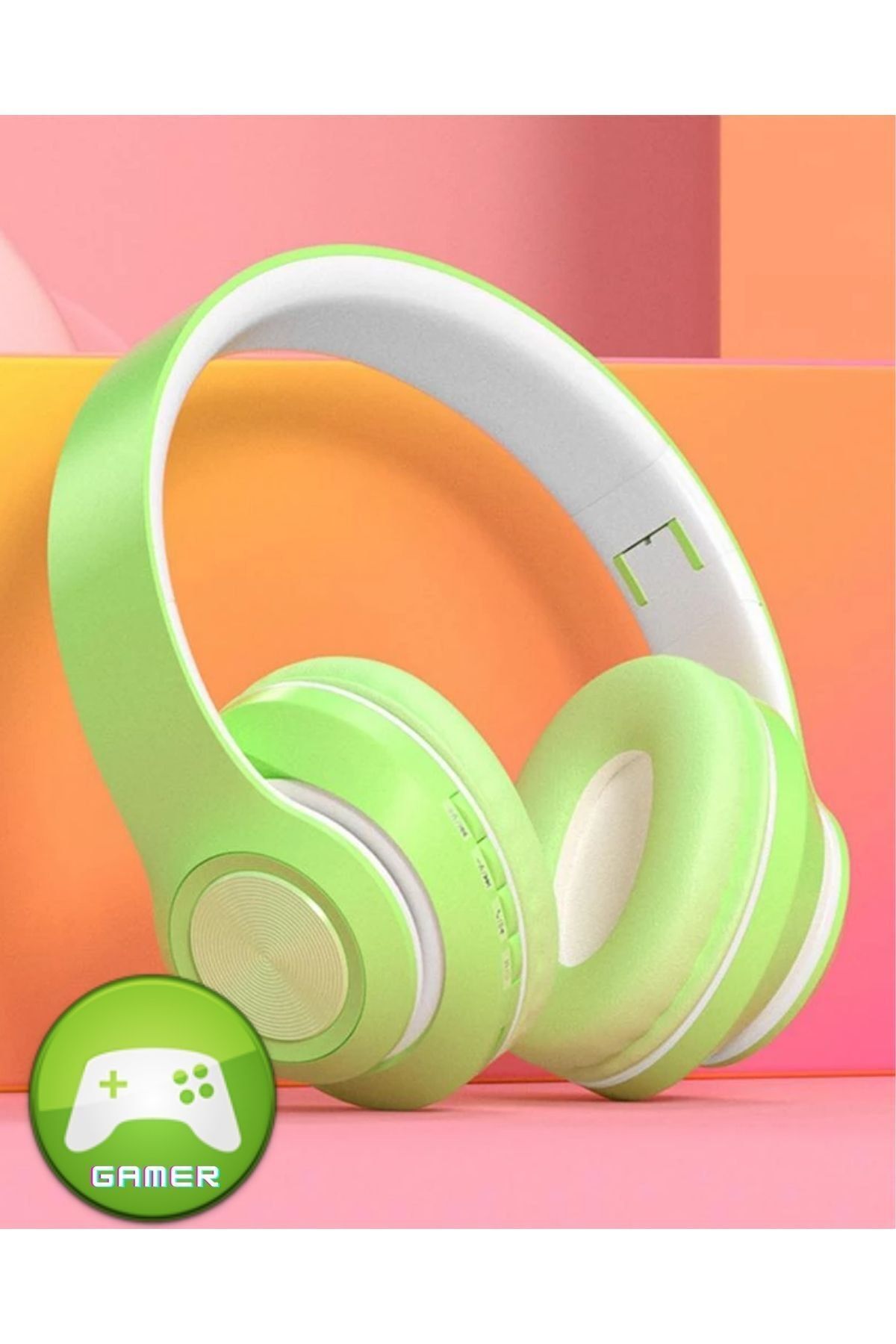 Makaron Serisi Mikrofonlu Gamer Oyuncu Kulaklığı Kablosuz Bluetooth Katlanır Gaming Kulaklık Yeşil