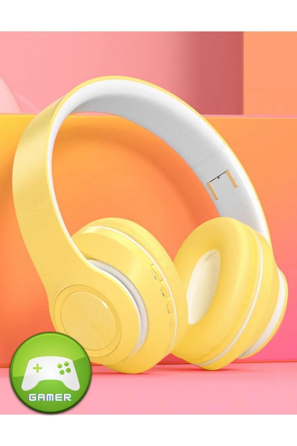 Makaron Serisi Mikrofonlu Gamer Oyuncu Kulaklığı Kablosuz Bluetooth Katlanır Gaming Kulaklık Sarı