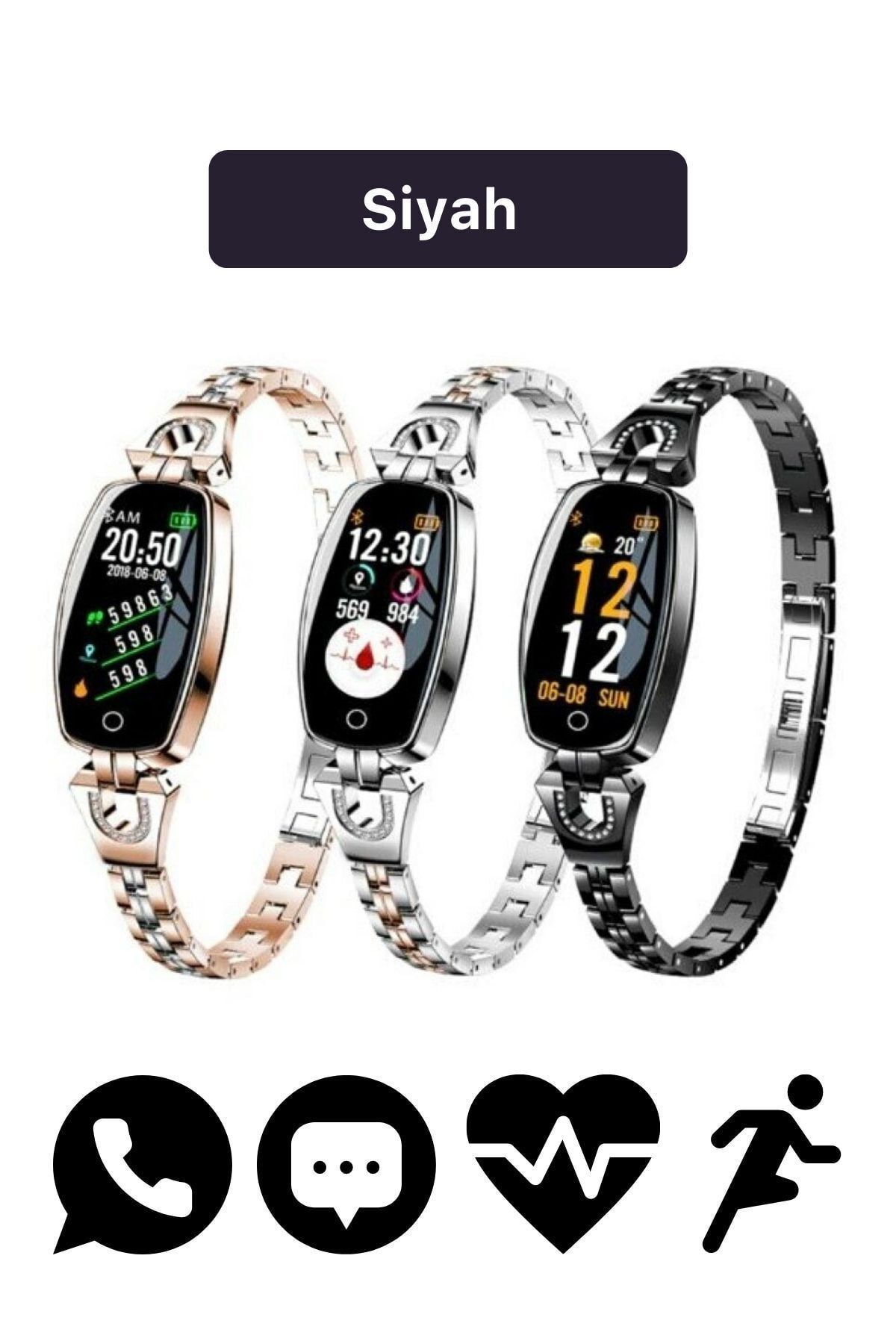 H8 Lady Modeli Taşlı Smartwatch Bayan Akıllı Saat Nabız Ölçer Arama Yapan Konuşma Özellikli - Siyah