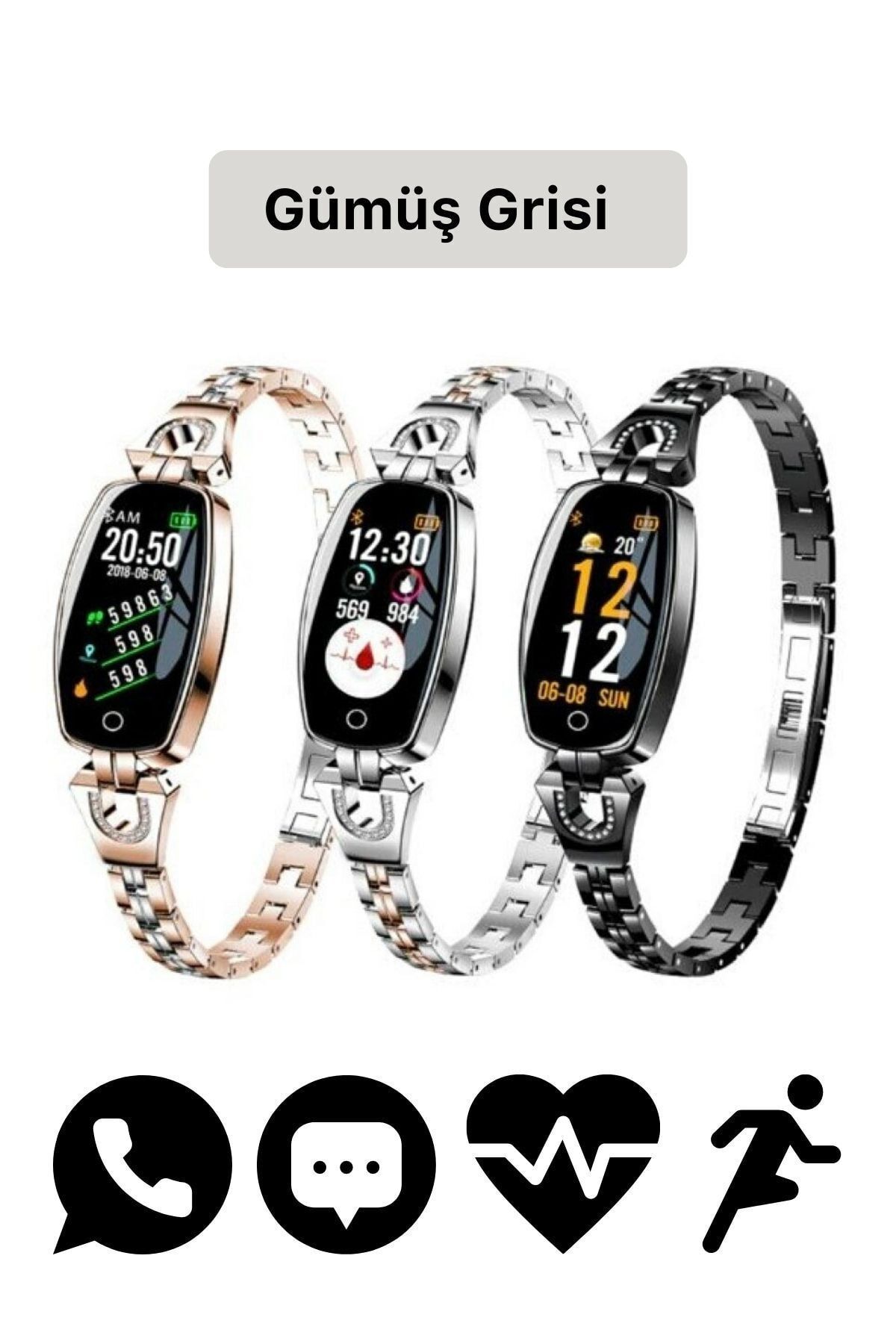 H8 Lady Modeli Nabız Ölçen Bluetoothlu Aramalı Renk Çeşitli Ios Android Bayan Akıllı Saat Silver