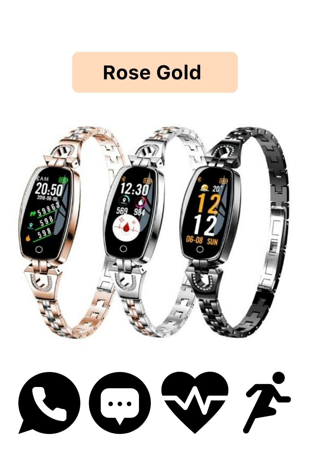 H8 Lady Modeli Taşlı Smartwatch Pembe Bayan Akıllı Saat Nabız Ölçer Iphone Android Uyumlu Dokunmatik