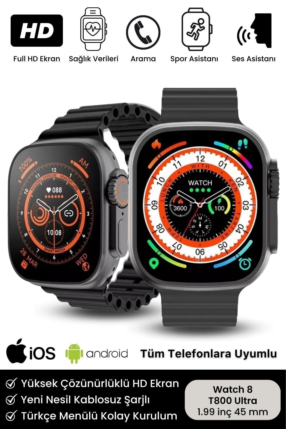 Watch 8 Ultra Series Ios Android Uyumlu T 800 Serisi Spor ve Sağlık Sensörlü T800 Ultra Akıllı Saat